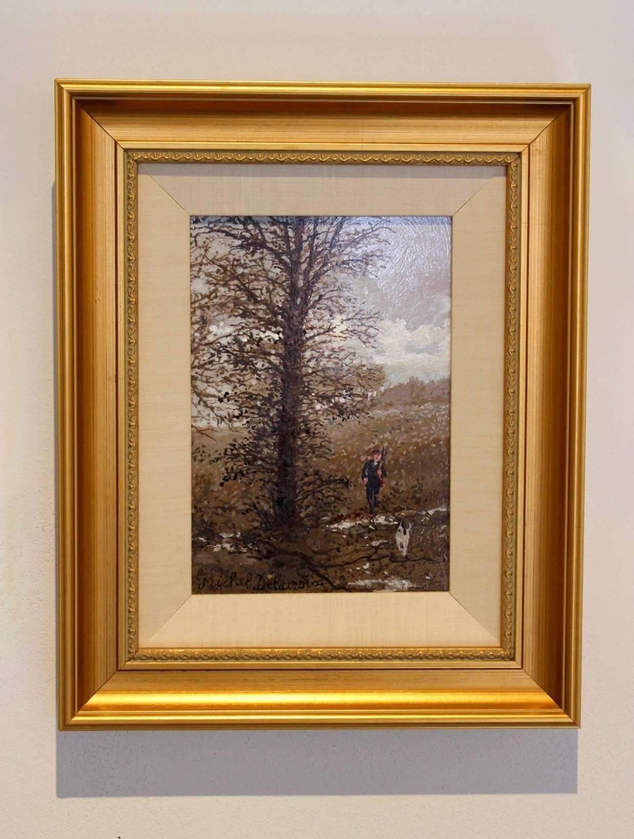 This impressionist style acrylic painting depicts early morning on the French countryside. The painting presents a man hunting with a dog, surrounded by trees and fields of tall grass lightly covered with snow. The color palette combines warm and