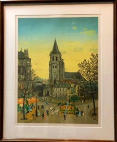 Lithographie artisanale naïve signée à la main sur papier Arches - Scène de café de soirée à Paris