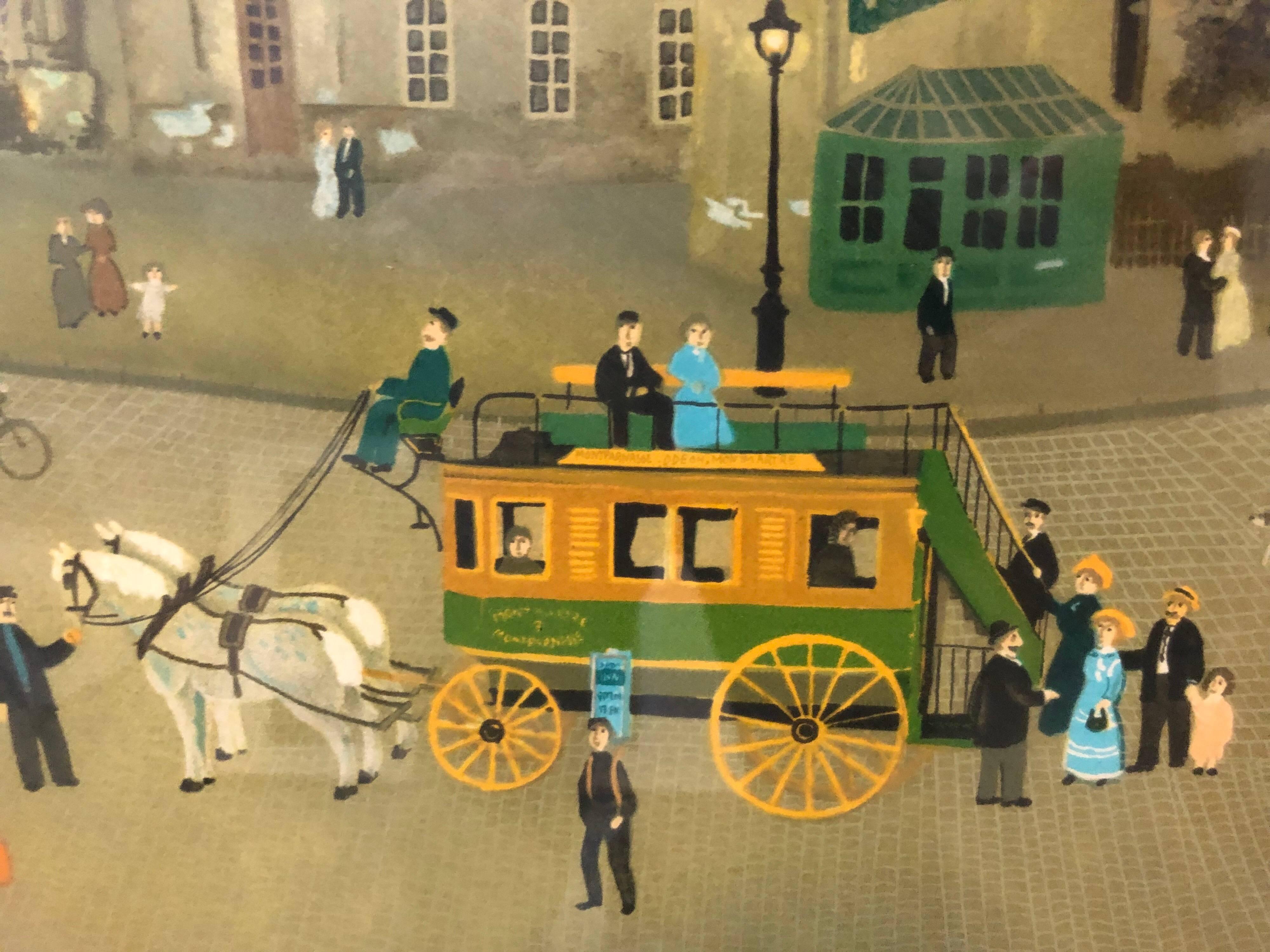 Hand signed Folk Art Naive lithograph on Arches paper Paris Evening Cafe Scene - Gray Figurative Print by Michel Delacroix
