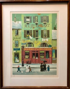 Lithographie naïve d'art populaire signée à la main sur papier Arches - Scène de neige d'un Snowman à Paris