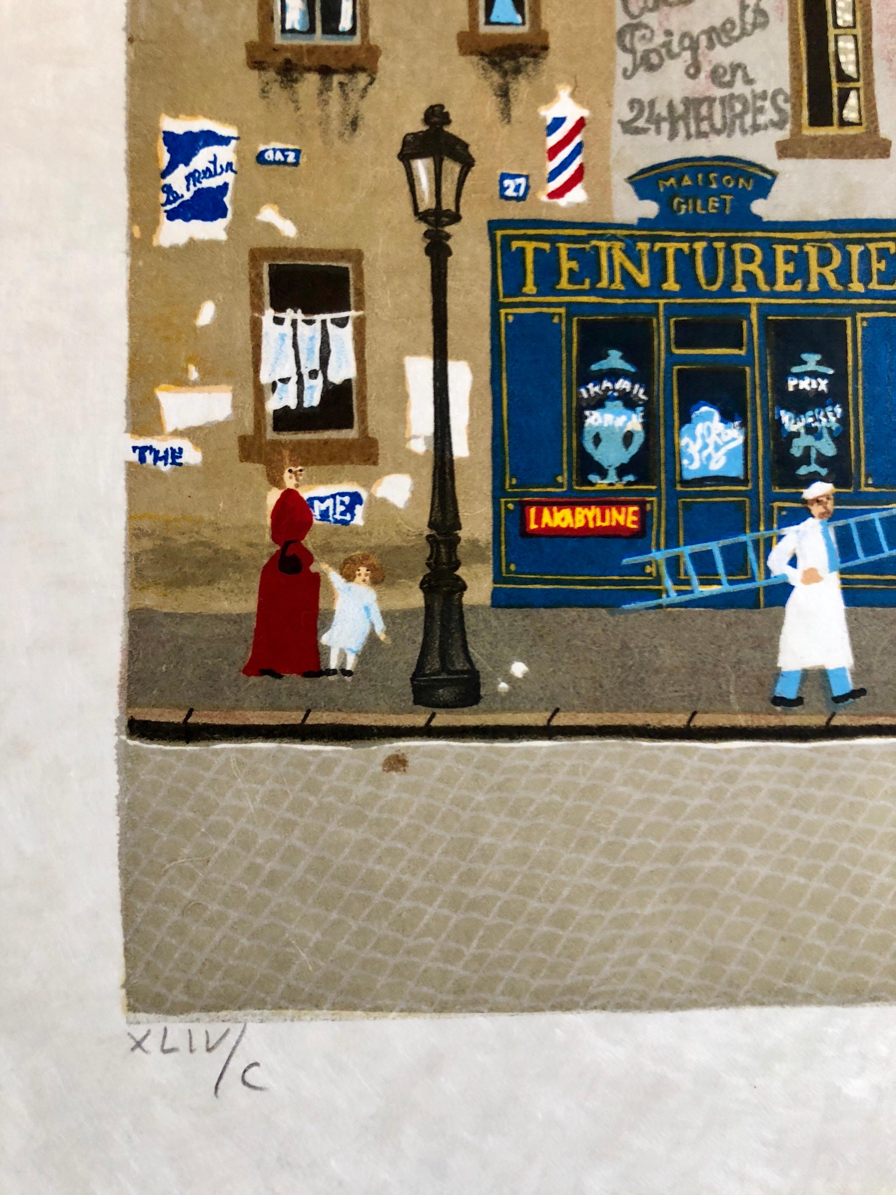 Hand signed Folk Art Naive lithograph on Japon Paper Paris Cafe Street Scene - Print by Michel Delacroix