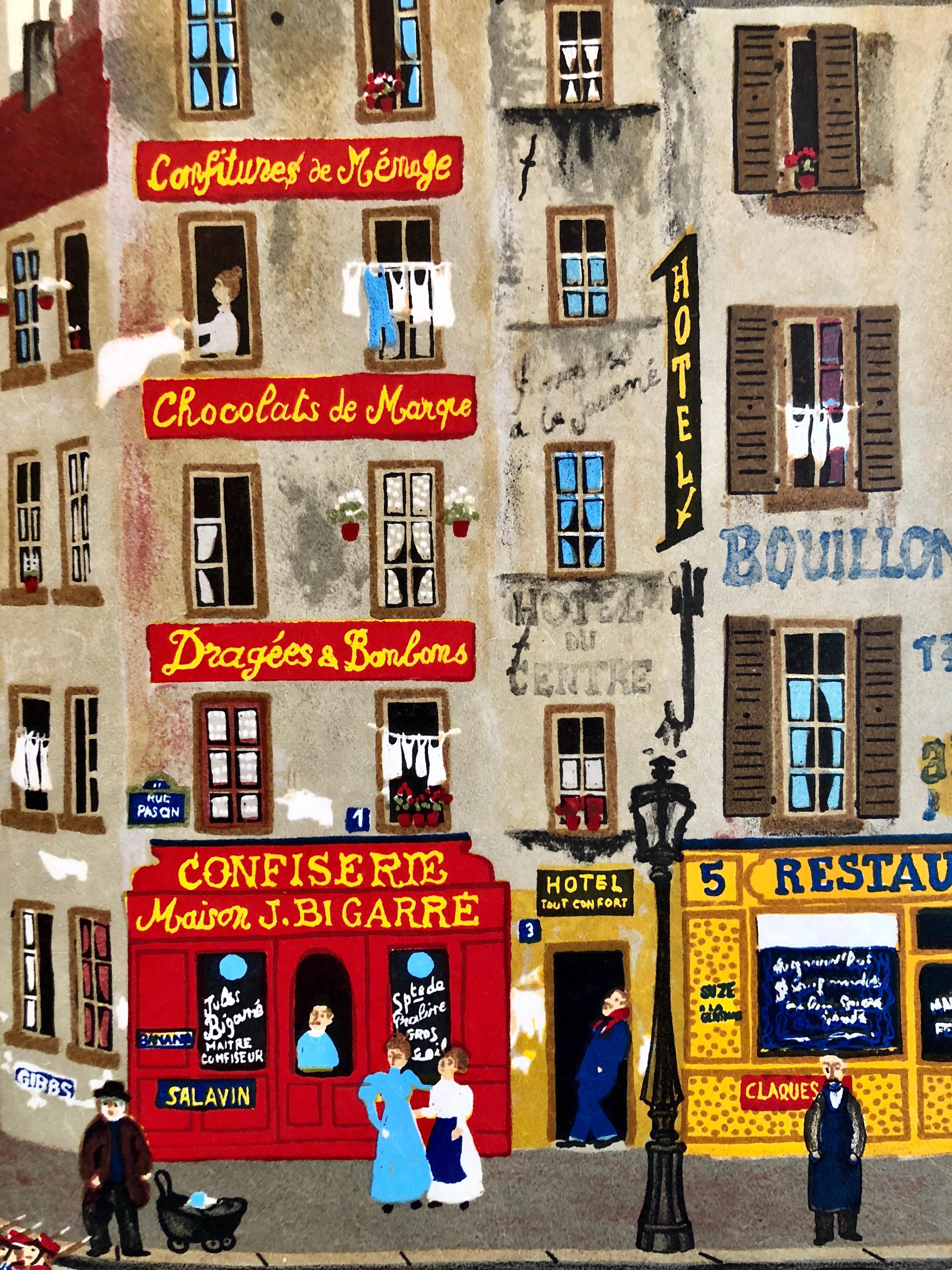 Hand signed Folk Art Naive lithograph on Japon Paper Paris Cafe Street Scene - Beige Landscape Print by Michel Delacroix