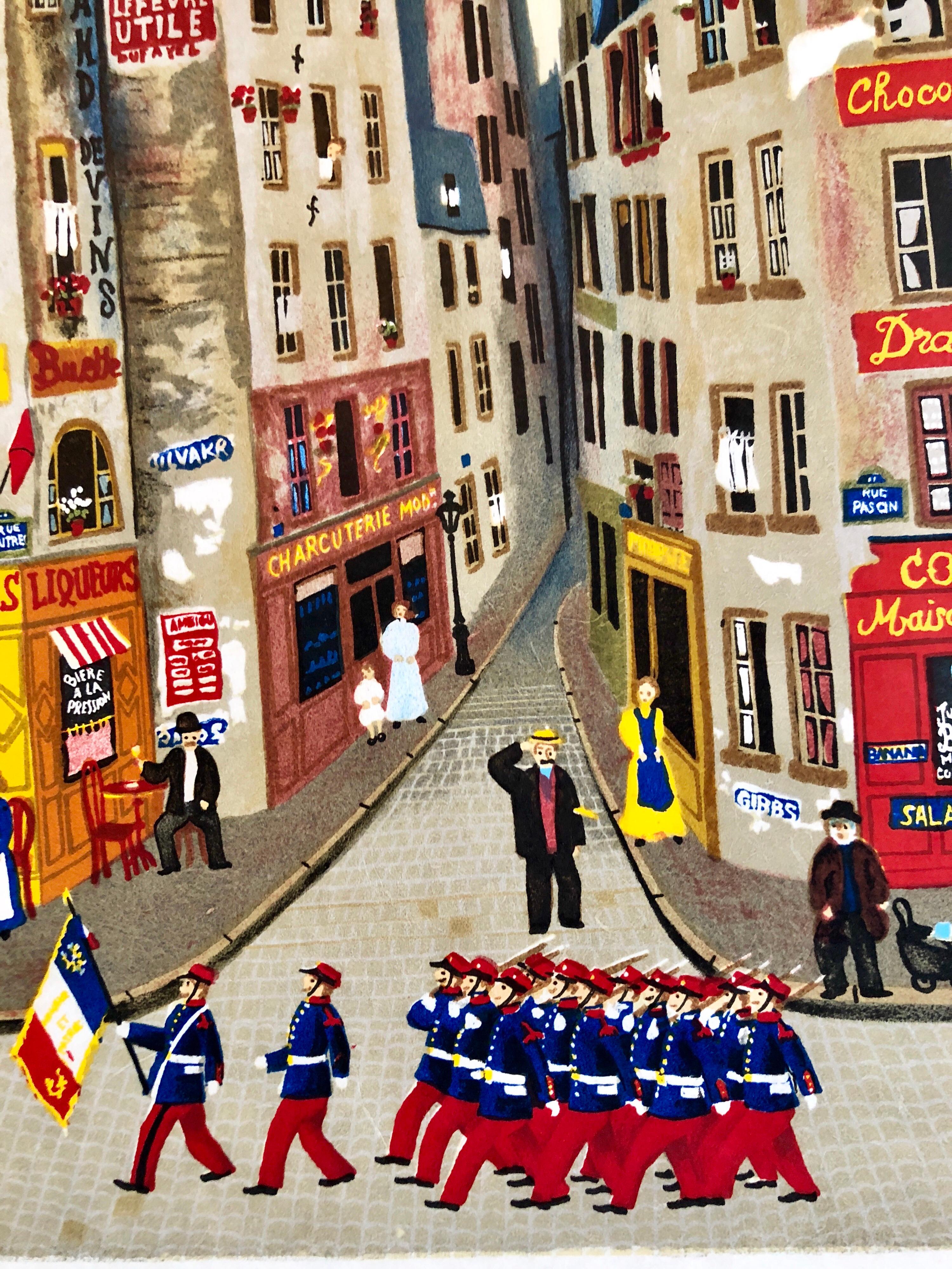 Cafe Tabac billiard vins with marching regiment and hot air balloon lithograph on japon paper. Lithograph in colors depicting an enchanted evening in Paris with a horse drawn wagon on a winter day, bicycle, mother with children and baby buggy,