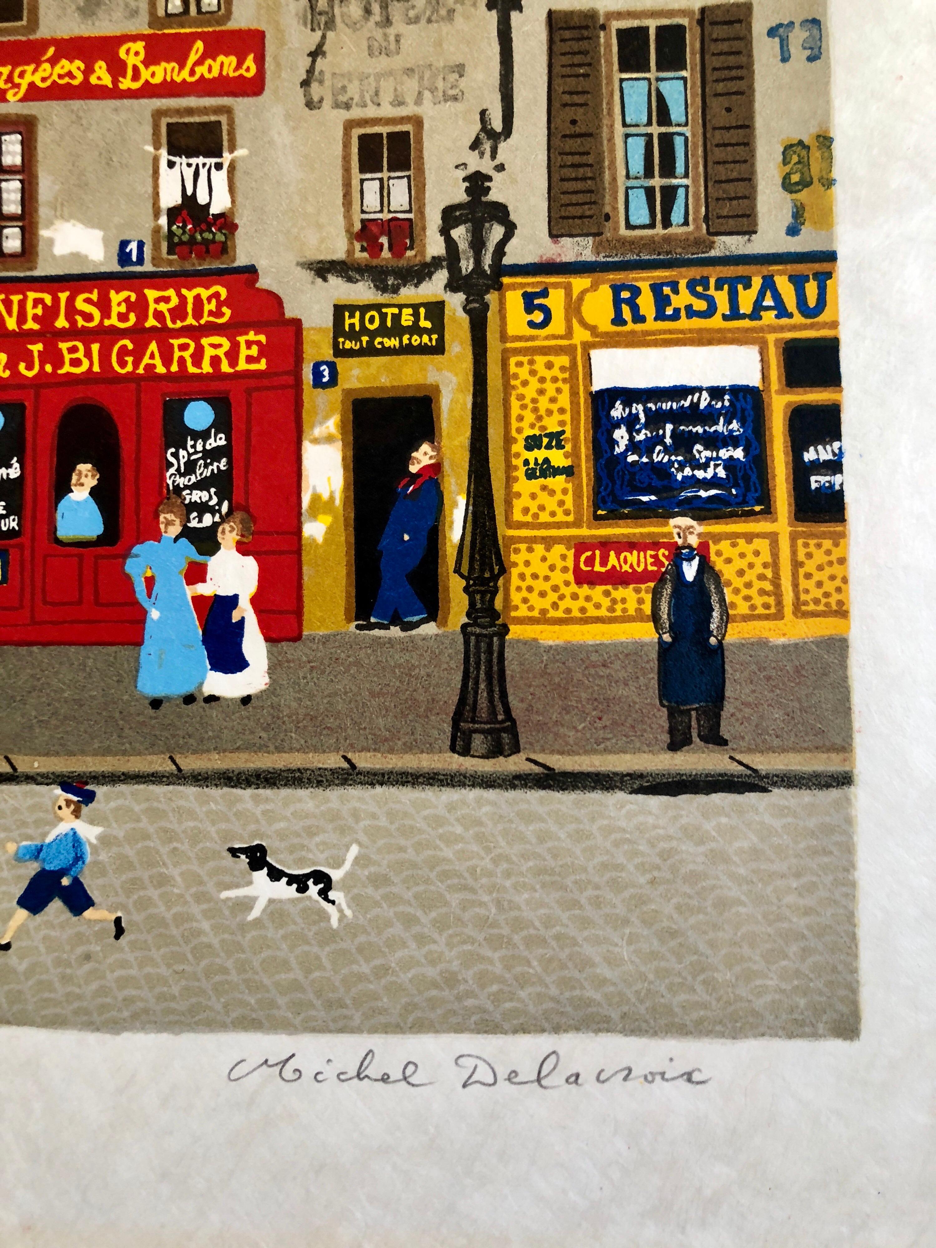 Hand signed Folk Art Naive lithograph on Japon Paper Paris Cafe Street Scene 1