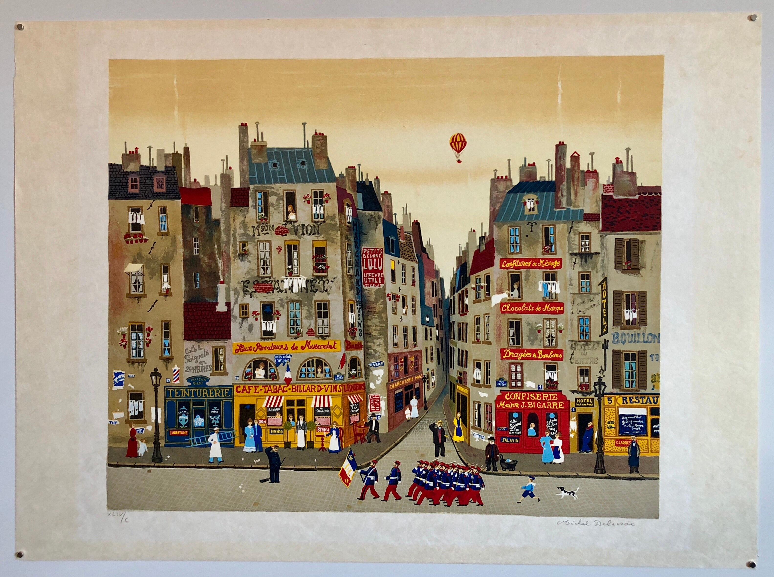 Hand signed Folk Art Naive lithograph on Japon Paper Paris Cafe Street Scene 2