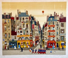 Used Hand signed Folk Art Naive lithograph on Japon Paper Paris Cafe Street Scene