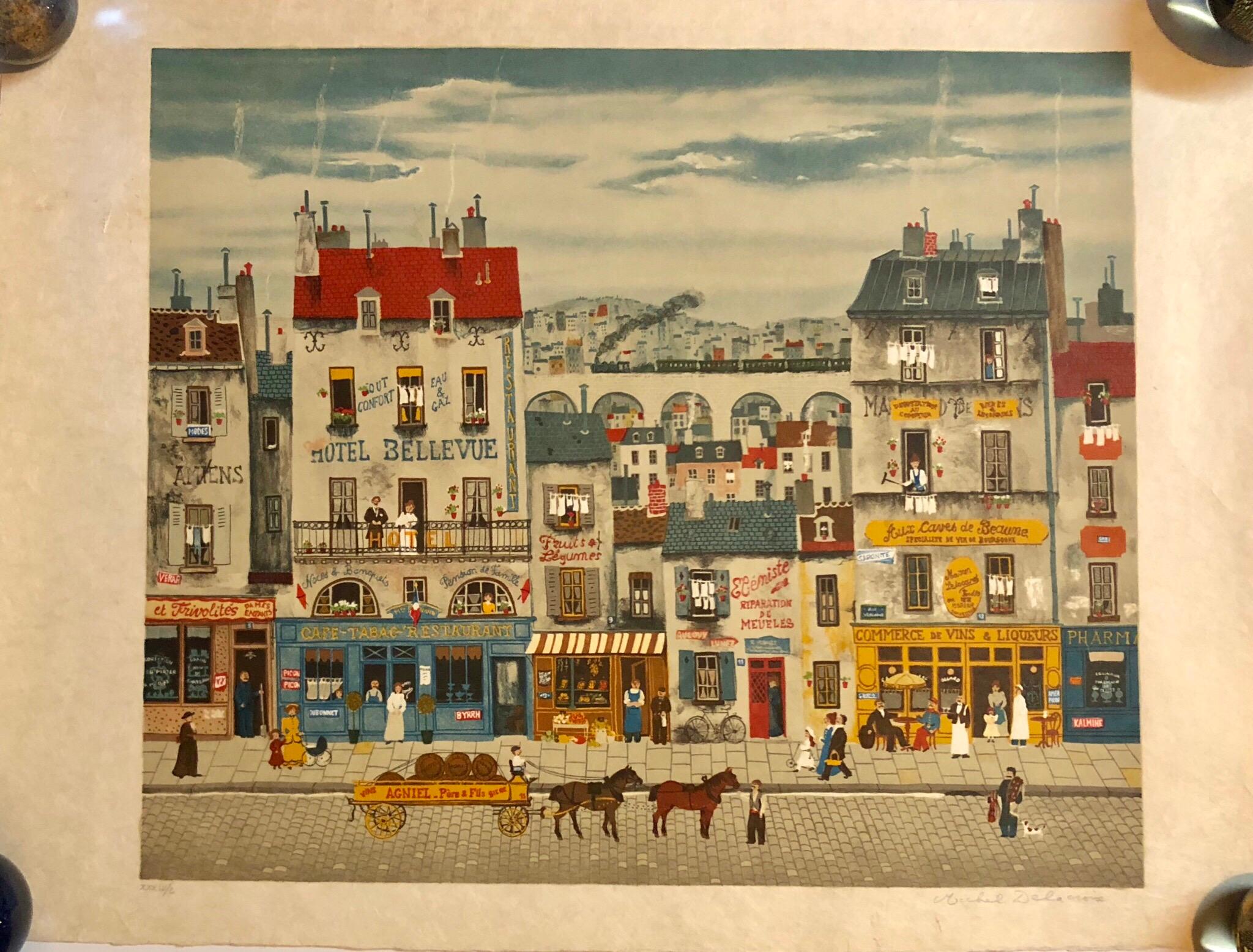 Hand signed Folk Art Naive lithograph on Japon Paper Paris Street Scene - Print by Michel Delacroix