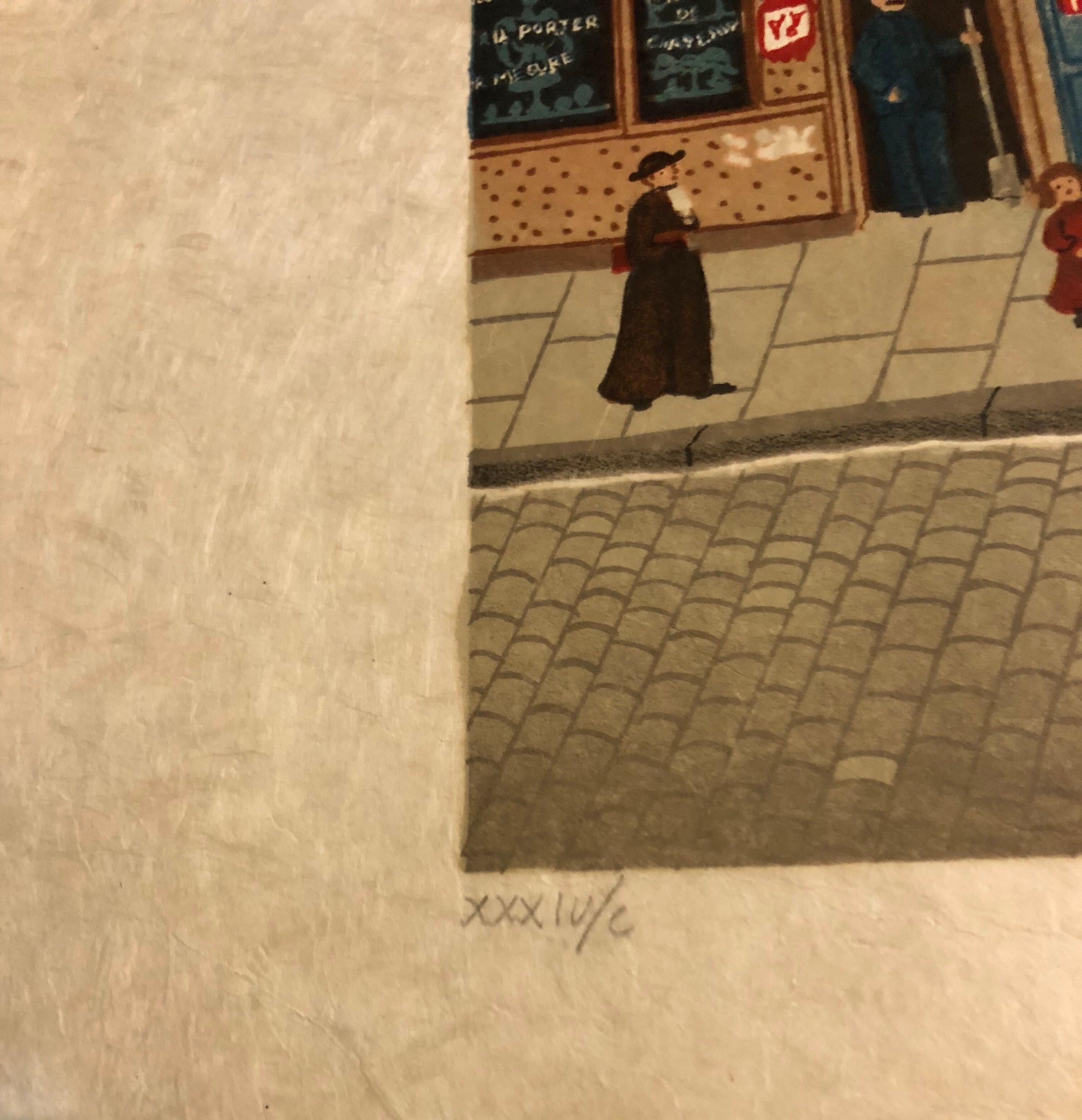Hand signed Folk Art Naive lithograph on Japon Paper Paris Street Scene - Brown Figurative Print by Michel Delacroix