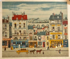 Used Hand signed Folk Art Naive lithograph on Japon Paper Paris Street Scene