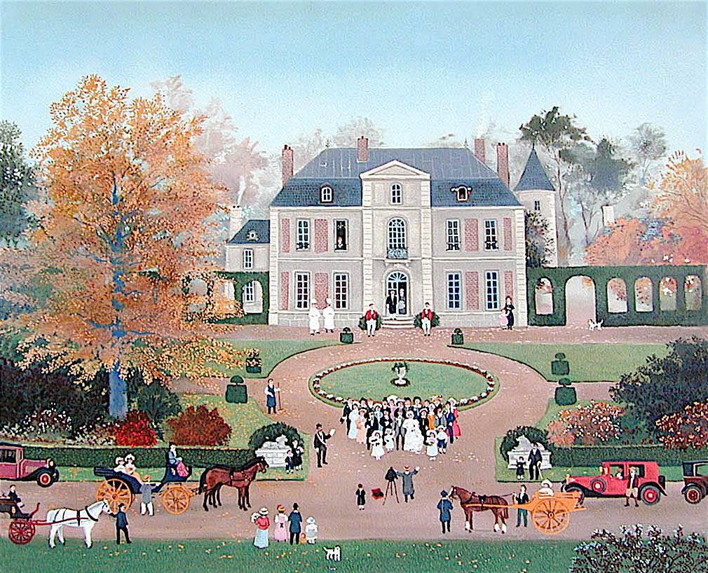 MARIAGE A LA CAMPAGNE Signed Lithograph, French Maison, Romantic Country Wedding - Print by Michel Delacroix