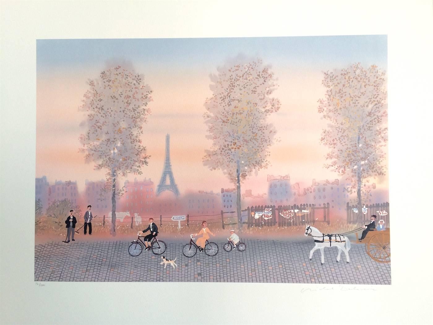 Quand la belle saison est revenue, Signed Lithograph, Paris Scene, Bicycles - Print by Michel Delacroix