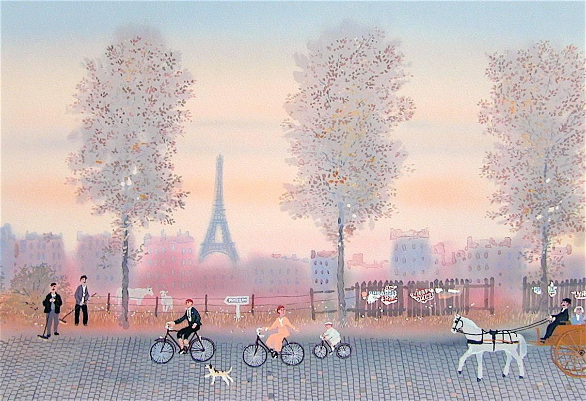 Michel Delacroix Landscape Print - Quand la belle saison est revenue, Signed Lithograph, Paris Scene, Bicycles