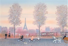 Vintage Quand la belle saison est revenue, Signed Lithograph, Paris Scene, Bicycles