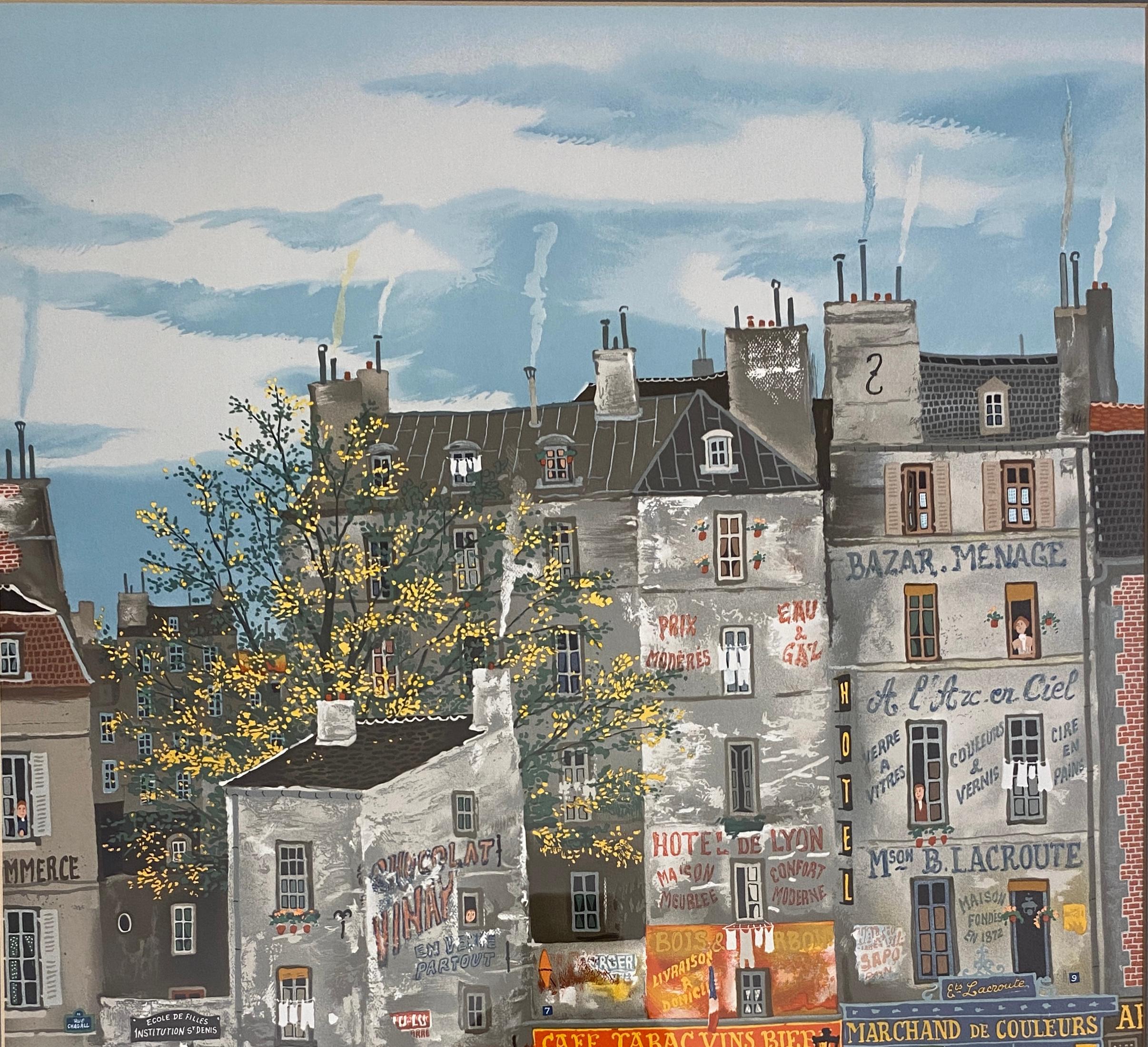 Francese Litografia di Michel Delacroix Paesaggio urbano francese e vita parigina figurativa in vendita