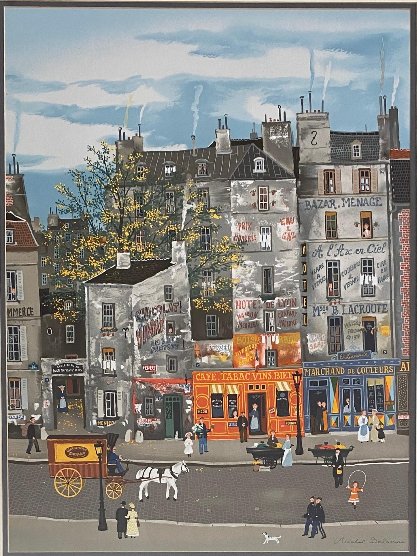 XX secolo Litografia di Michel Delacroix Paesaggio urbano francese e vita parigina figurativa in vendita