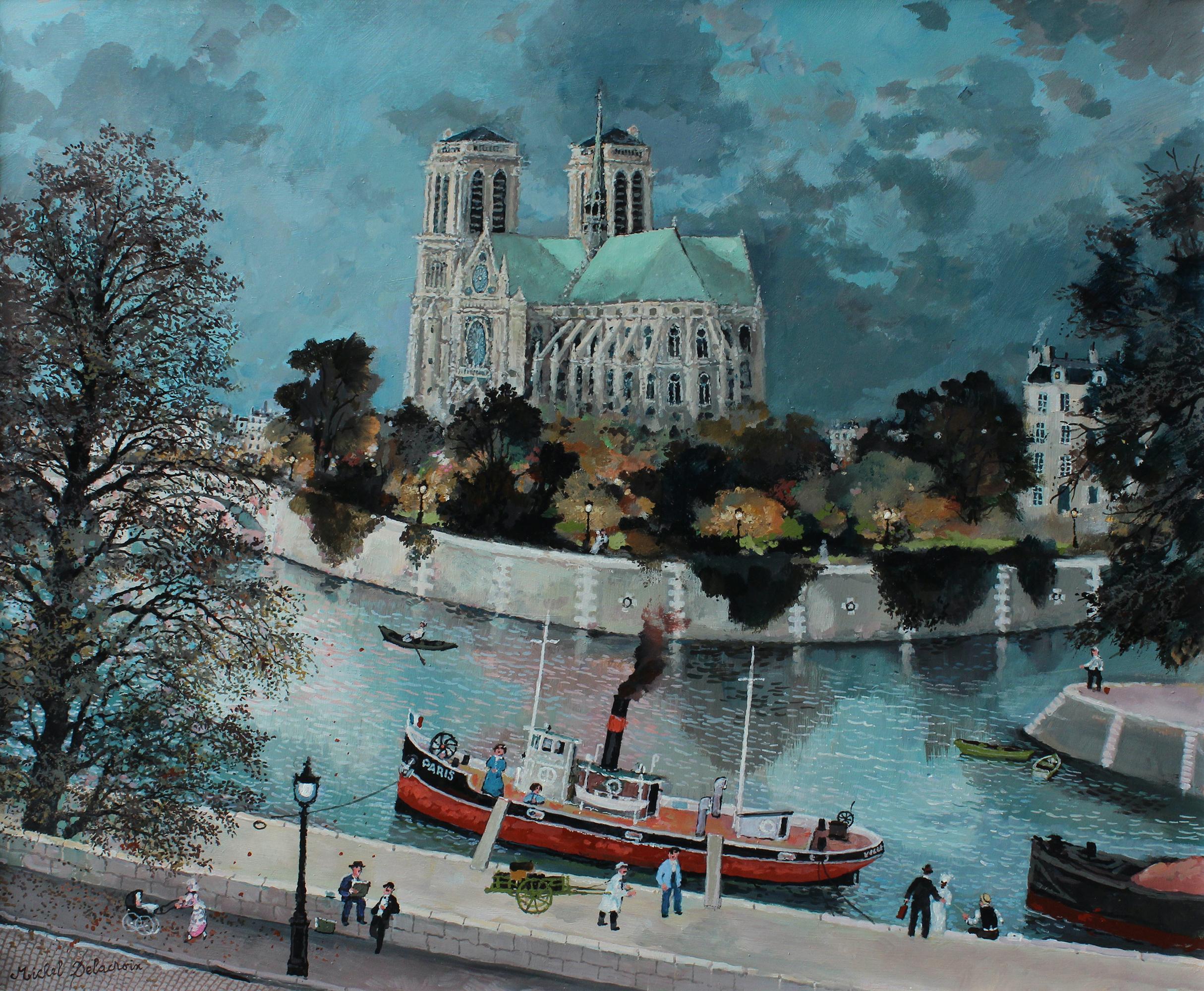 Ciel d'orage sur Notre-Dame  - Painting by Michel Delacroix