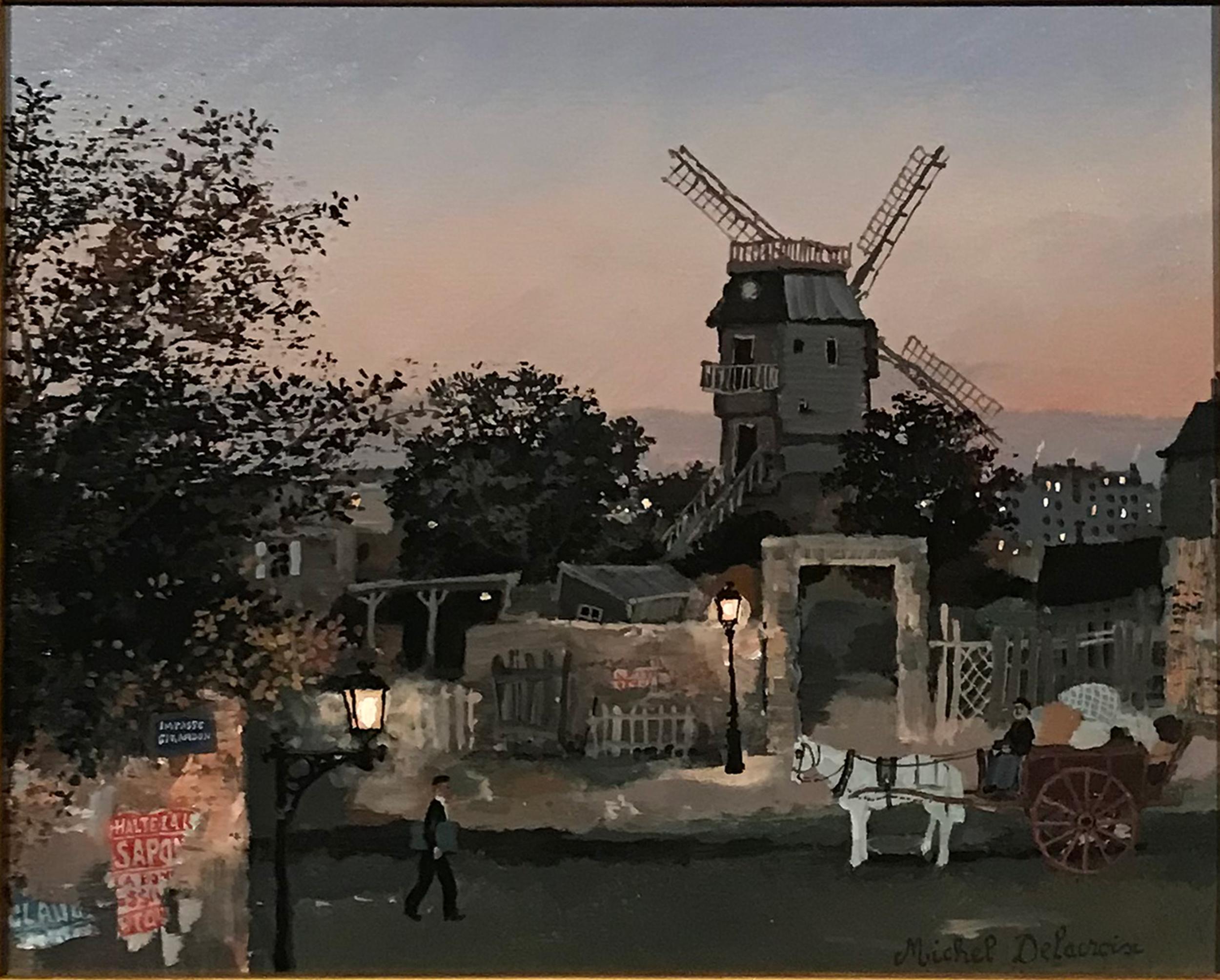Impasse Girardon, Original-Volkskunst-Ölgemälde auf Karton von Michel Delacroix im Angebot 1