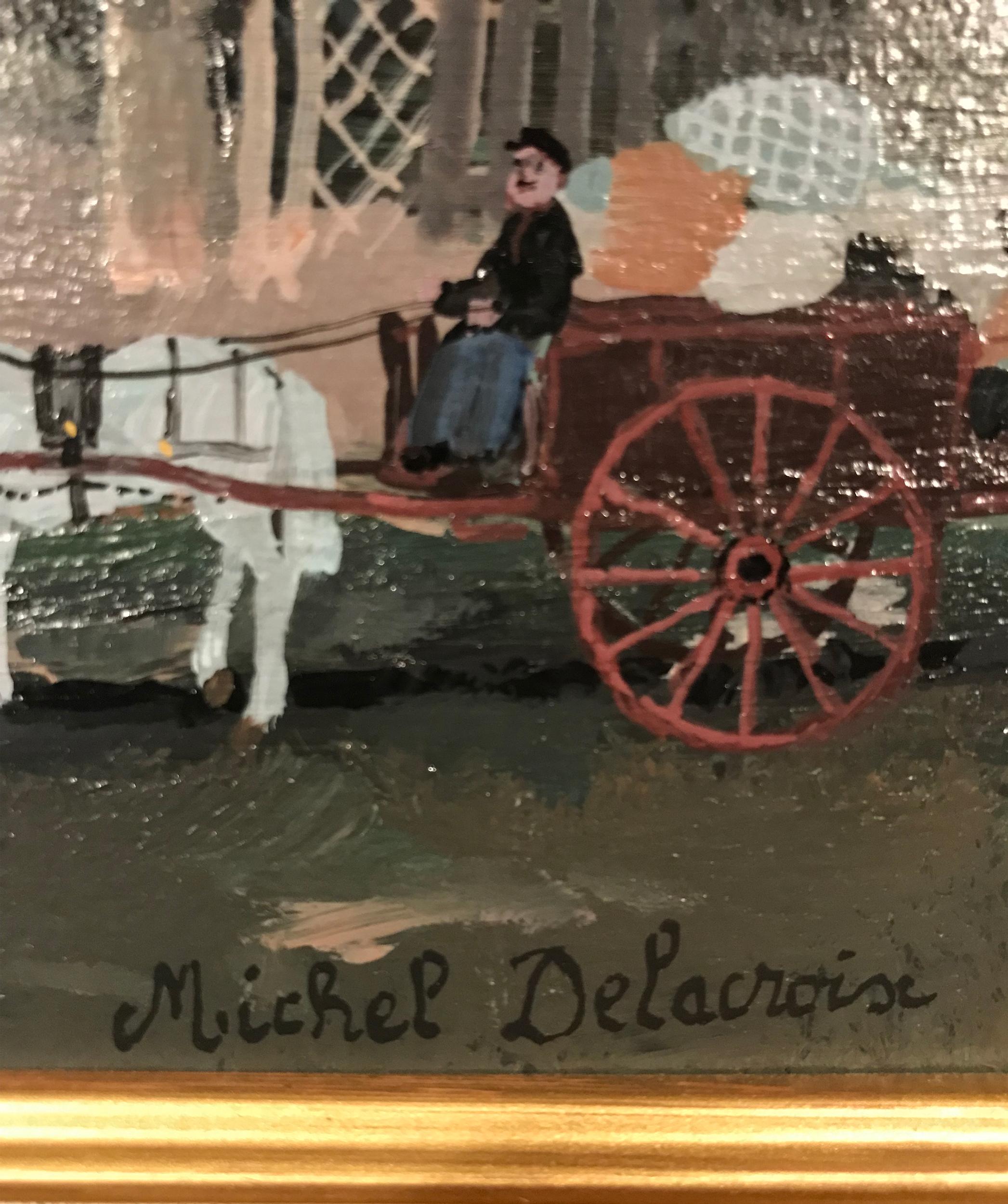 Impasse Girardon, Original-Volkskunst-Ölgemälde auf Karton von Michel Delacroix im Angebot 2