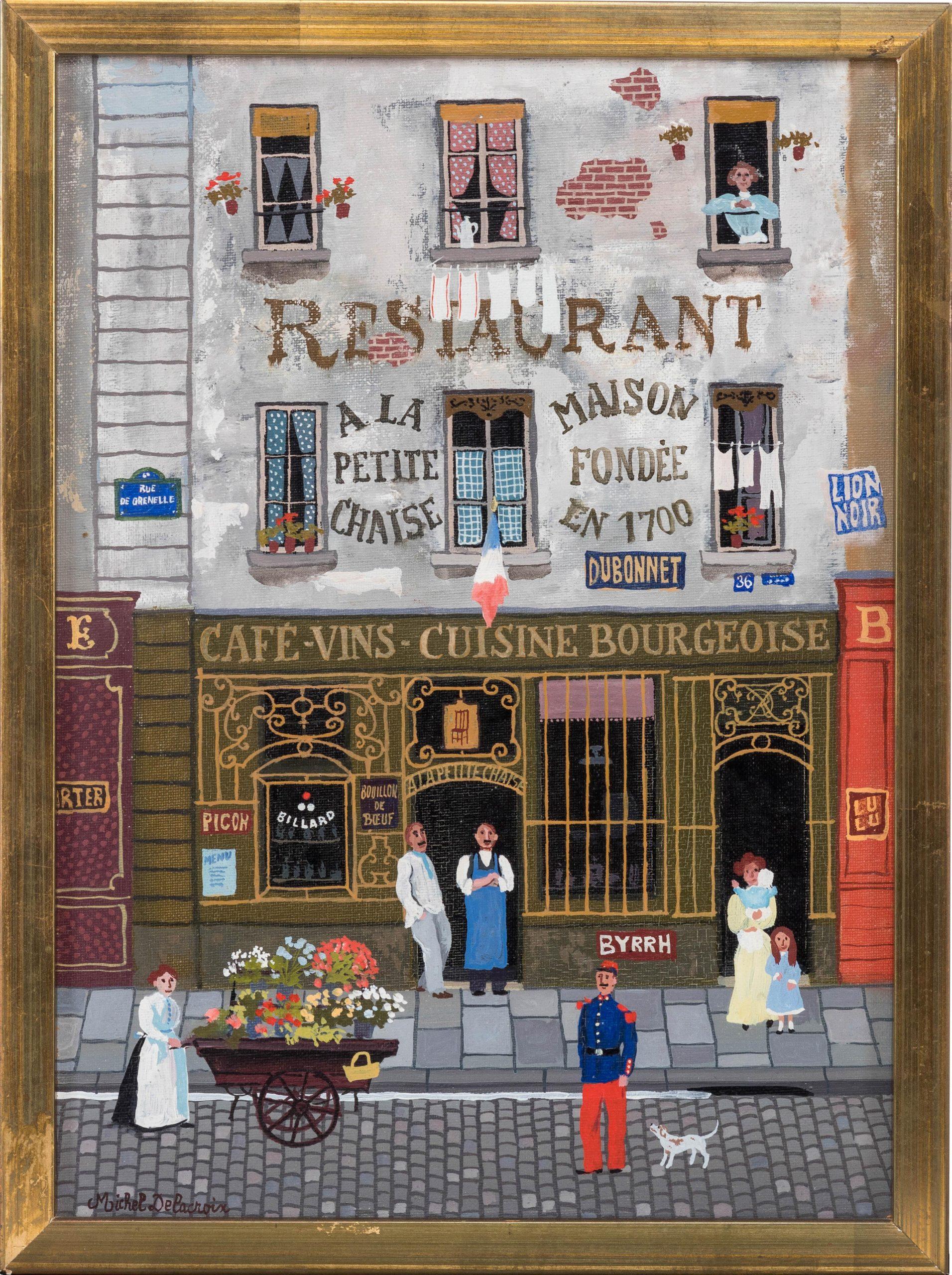 Restaurant in Paris. Oil on canvas, 33, 5x24 cm. - Painting by Michel Delacroix