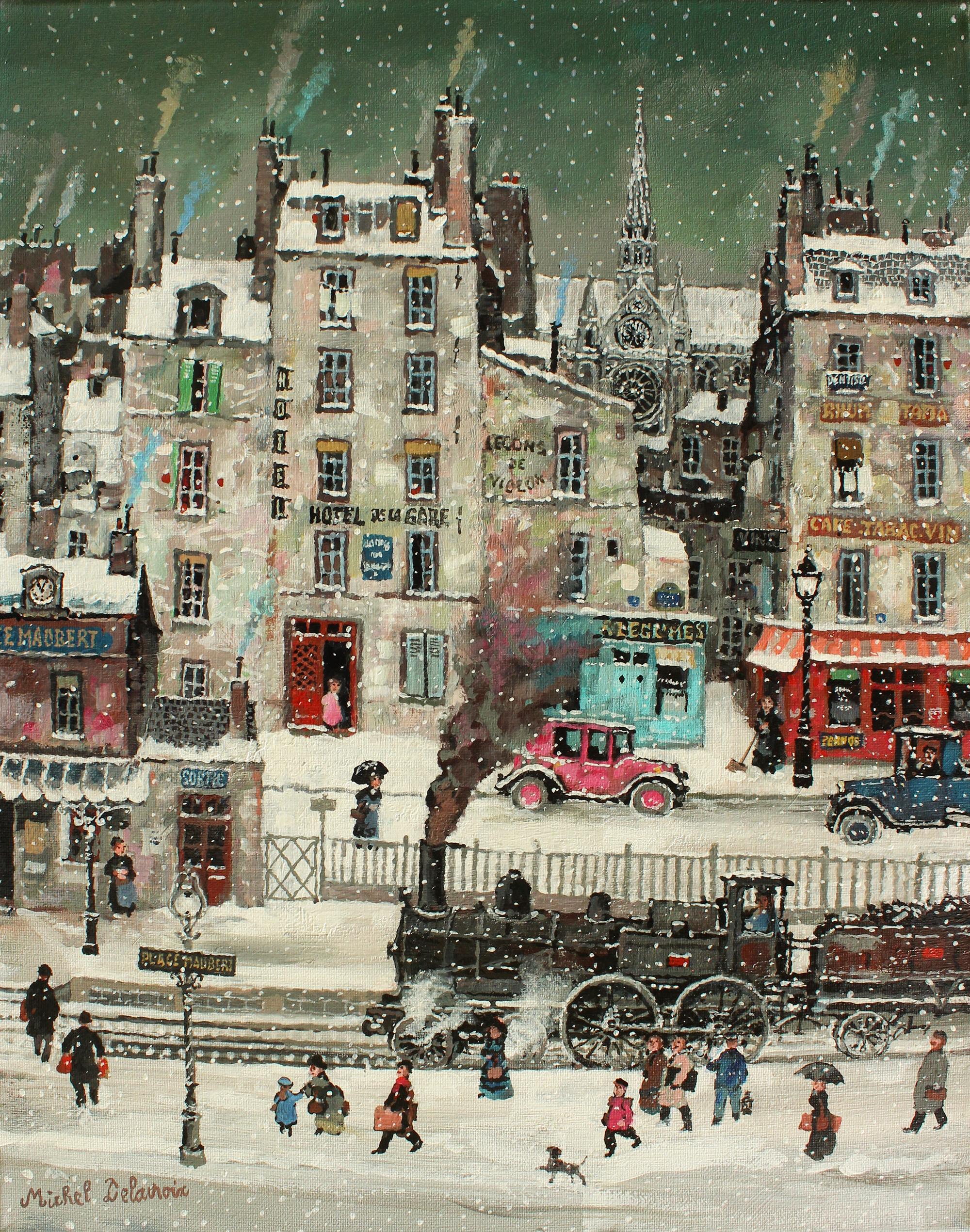 Michel Delacroix "Station Place Maubert" Nostalgic, Naif, Snowy