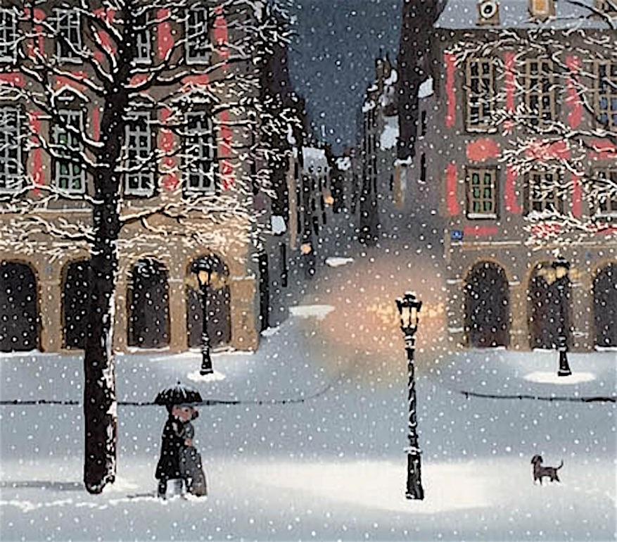 Déclaration d'amour sous la neige Snowy Paris Evening, Street Scene, Lovers, Dog - Print by Michel Delacroix