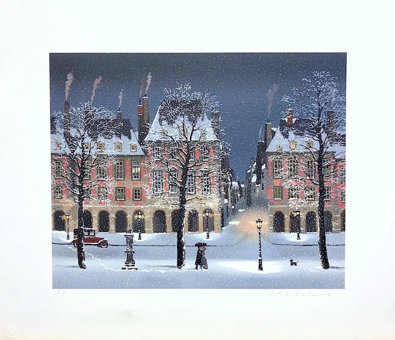 Michel Delacroix Declaration D Amour Sous La Neige Snowy Paris Evening Street Scene Lovers Dog At 1stdibs