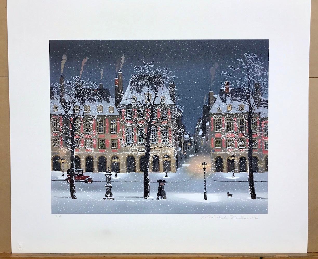 Déclaration d'amour sous la neige Snowy Paris Evening, Street Scene, Lovers, Dog - Contemporary Print by Michel Delacroix
