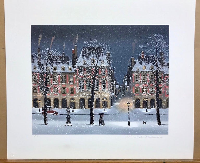 Michel Delacroix Declaration D Amour Sous La Neige Snowy Paris Evening Street Scene Lovers Dog At 1stdibs