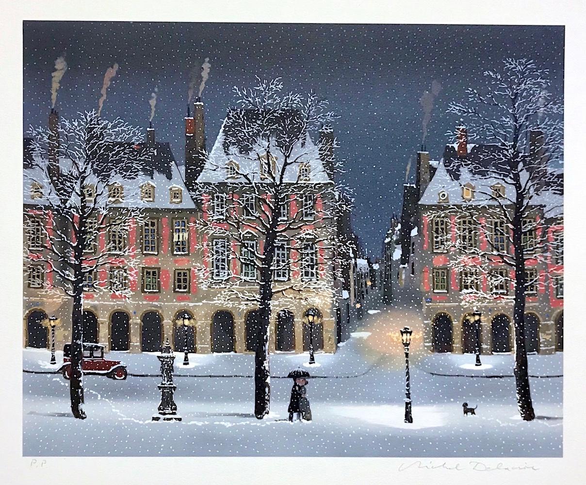 Michel Delacroix Figurative Print - Déclaration d'amour sous la neige Snowy Paris Evening, Street Scene, Lovers, Dog