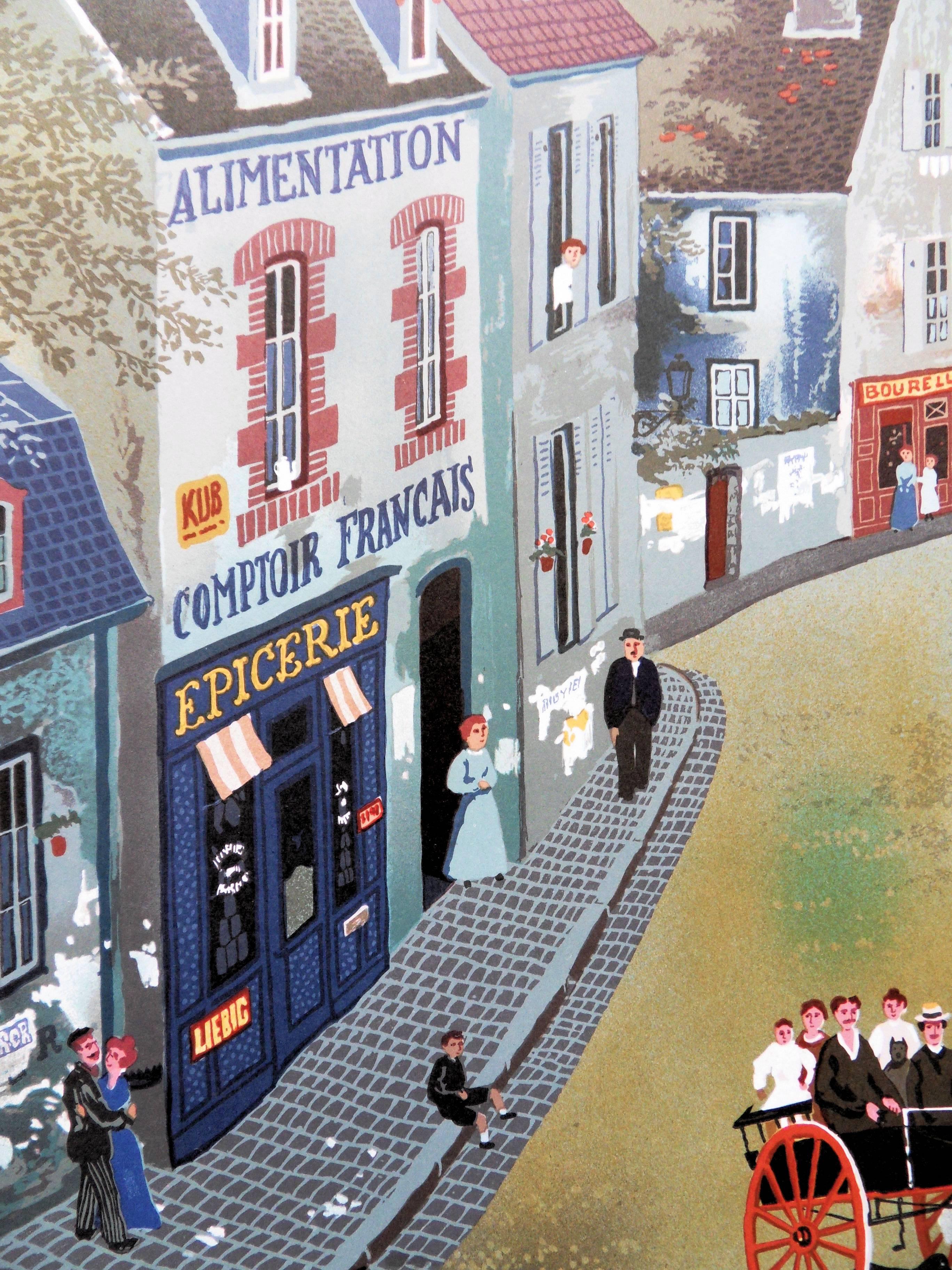 France : Traditional Village - Lithograph poster - Gray Figurative Print by Michel Delacroix