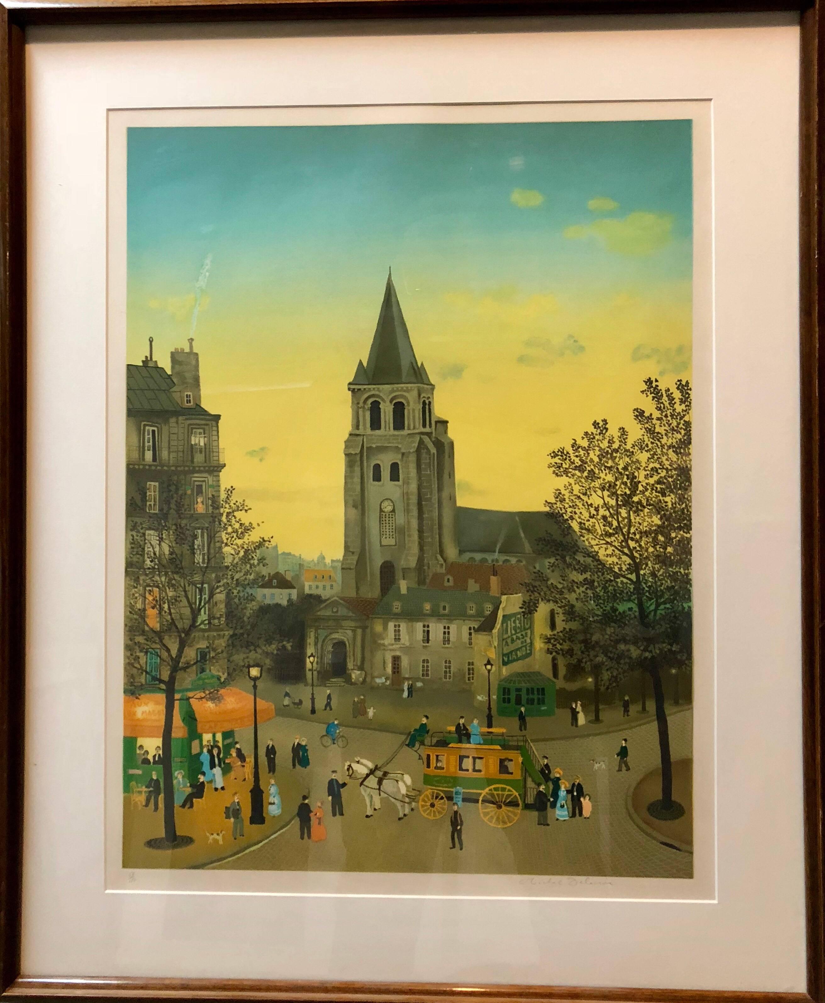 Hand signed Folk Art Naive lithograph on Arches paper Paris Evening Cafe Scene - Print by Michel Delacroix