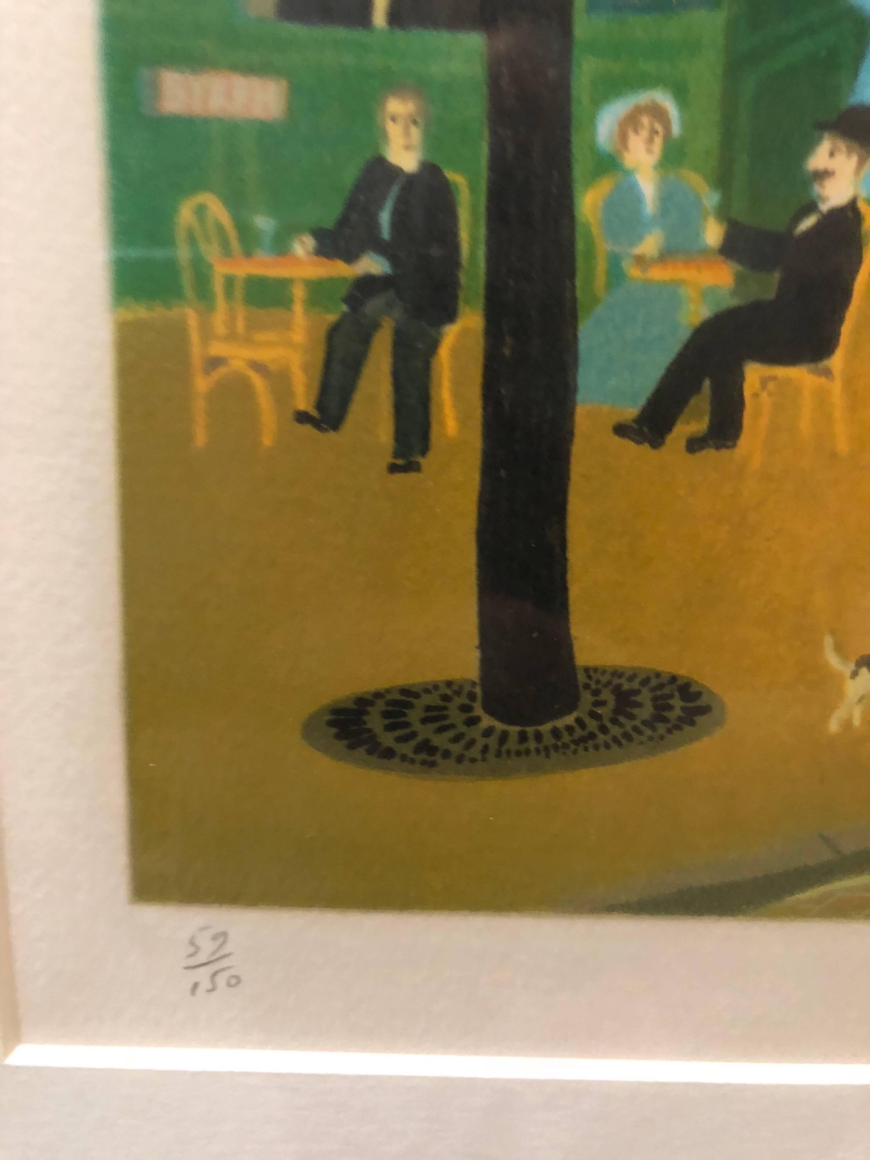 Hand signed Folk Art Naive lithograph on Arches paper Paris Evening Cafe Scene For Sale 1