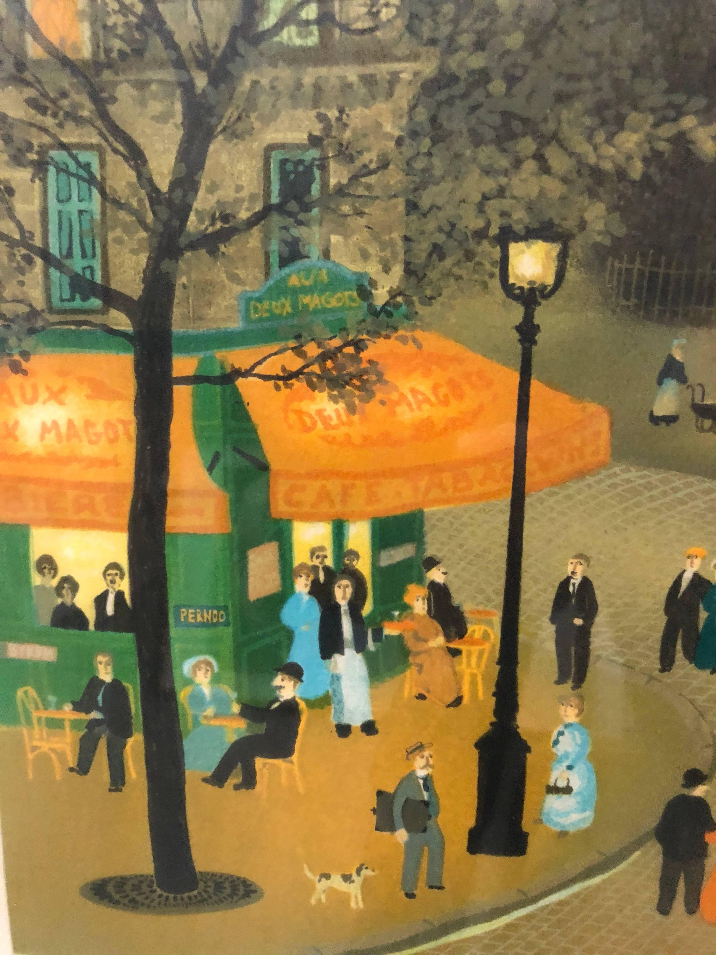 Hand signed Folk Art Naive lithograph on Arches paper Paris Evening Cafe Scene For Sale 2