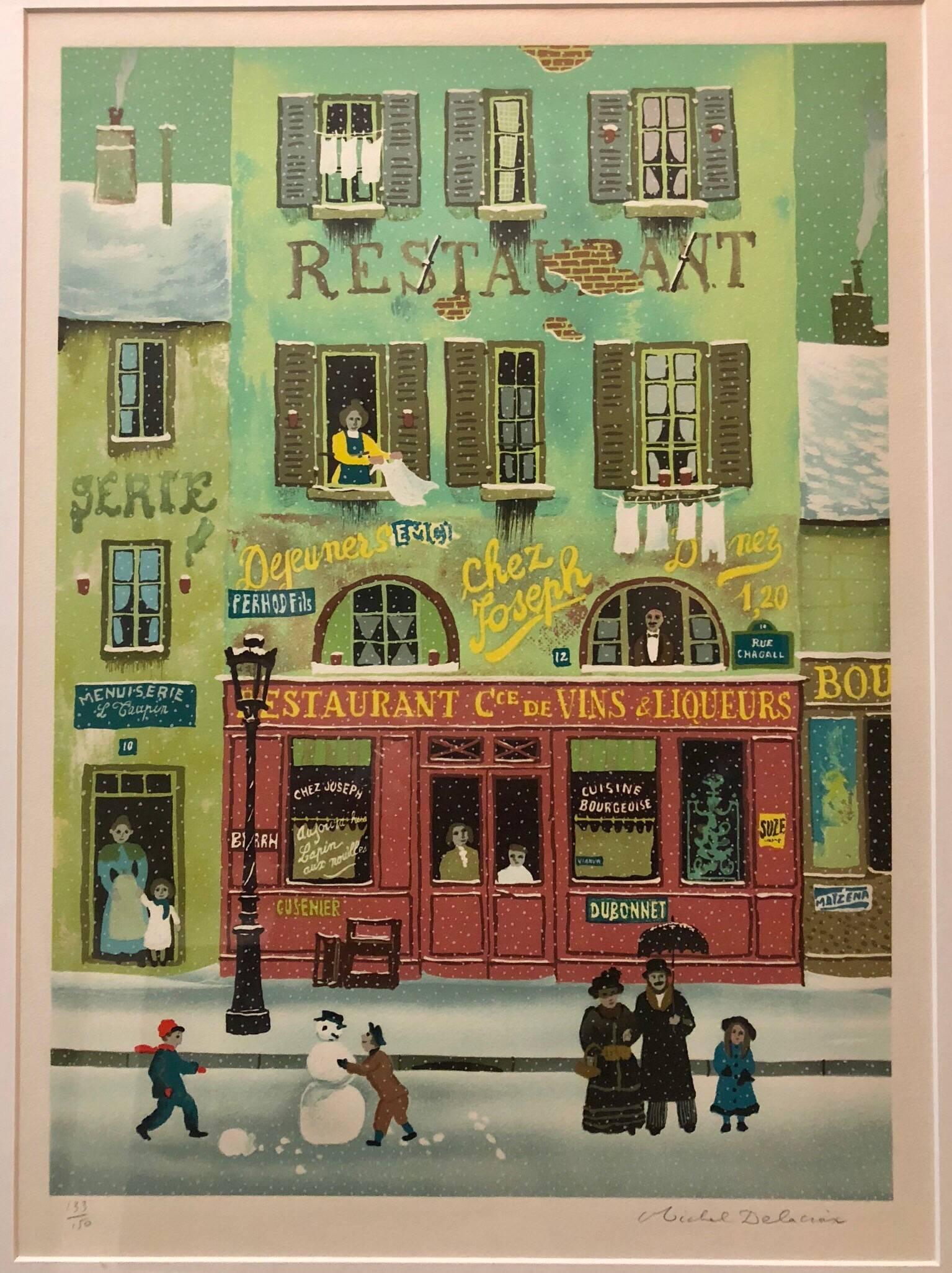 Lithograph in colors depicting an enchanted evening in Paris with a snowman and children playing outside the restaurant Chez Joseph on a winter day.  Signed in bottom right margin 