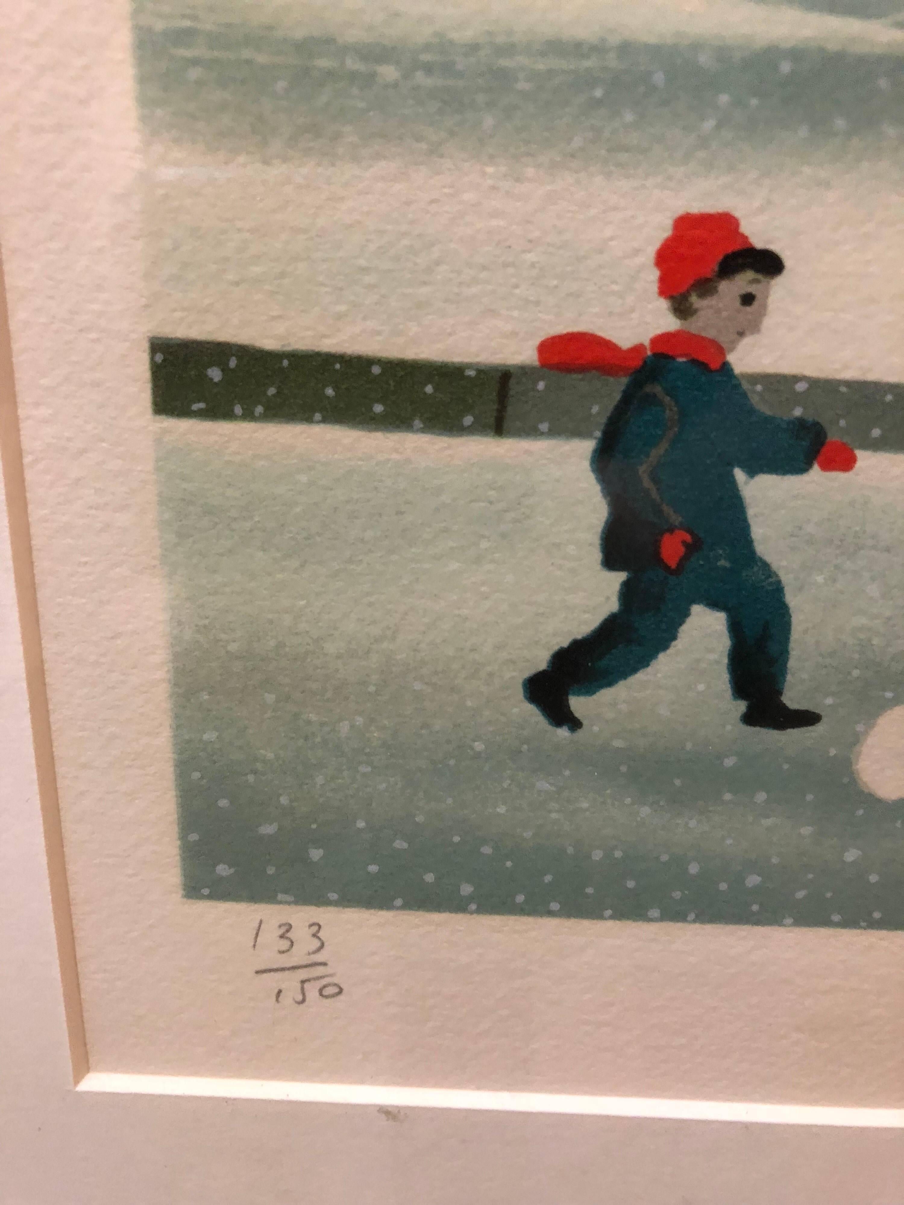 Lithograph in colors depicting an enchanted evening in Paris with a snowman and children playing outside the restaurant Chez Joseph on a winter day.  Signed in bottom right margin 
