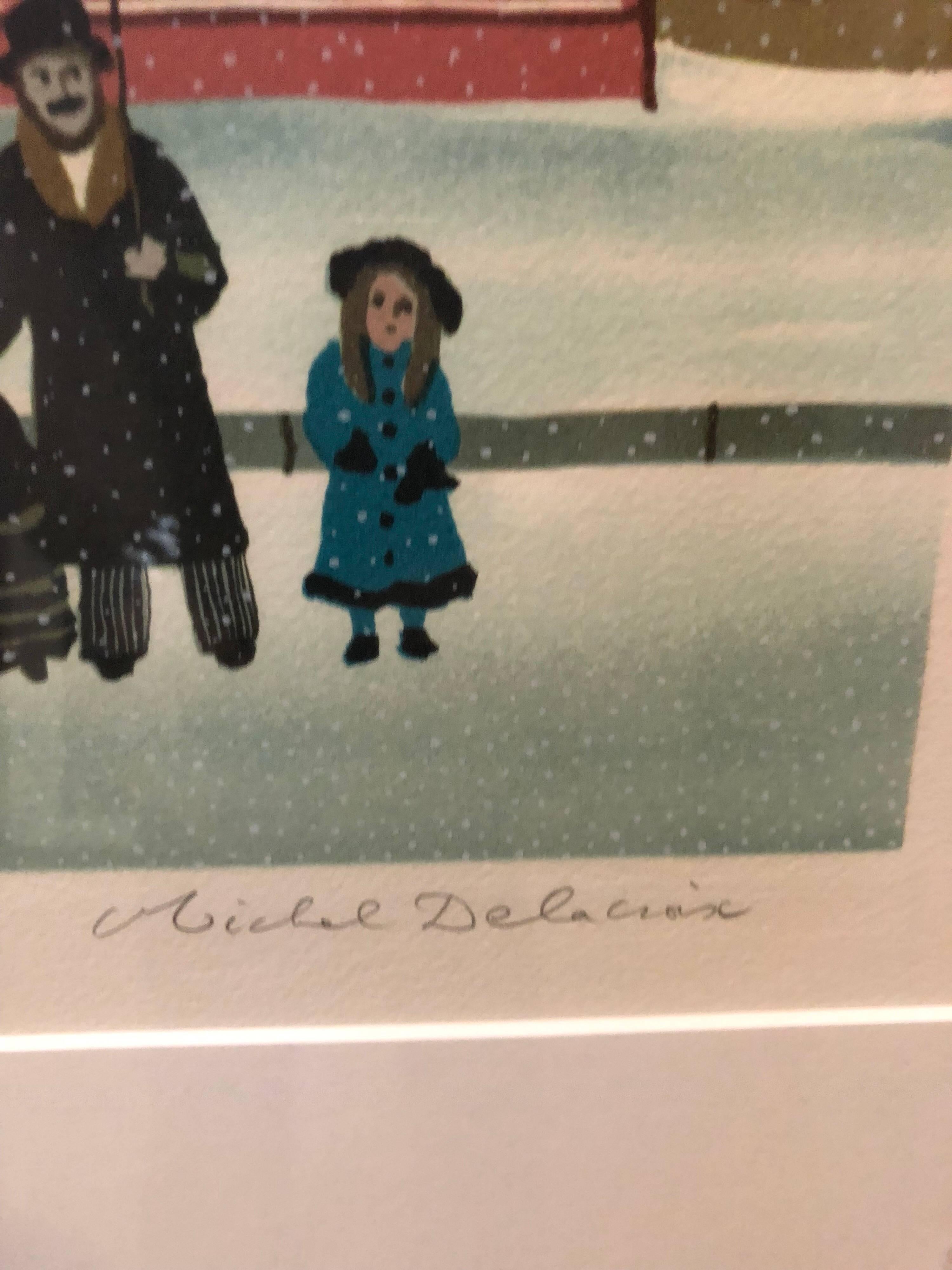 Hand signed Folk Art Naive lithograph on Arches Paper Paris Snowman Scene For Sale 2