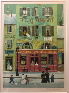 Litografía Arte Popular Naif firmada a mano sobre papel Arches Escena muñeco de nieve París