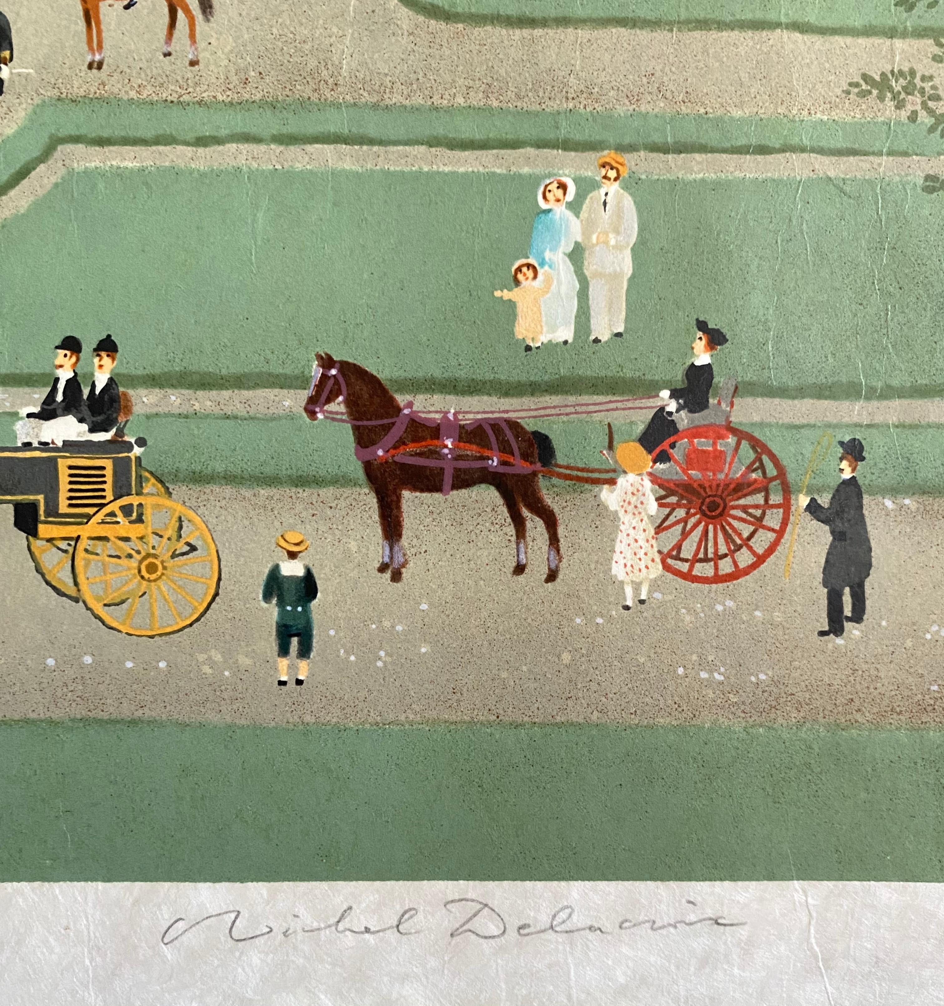 Litografía Arte Popular Naif firmada a mano sobre papel Japón París Escena campestre francesa en venta 5
