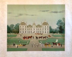 Lithographie naïve d'art populaire signée de la main sur papier Japon Scène de campagne française à Paris