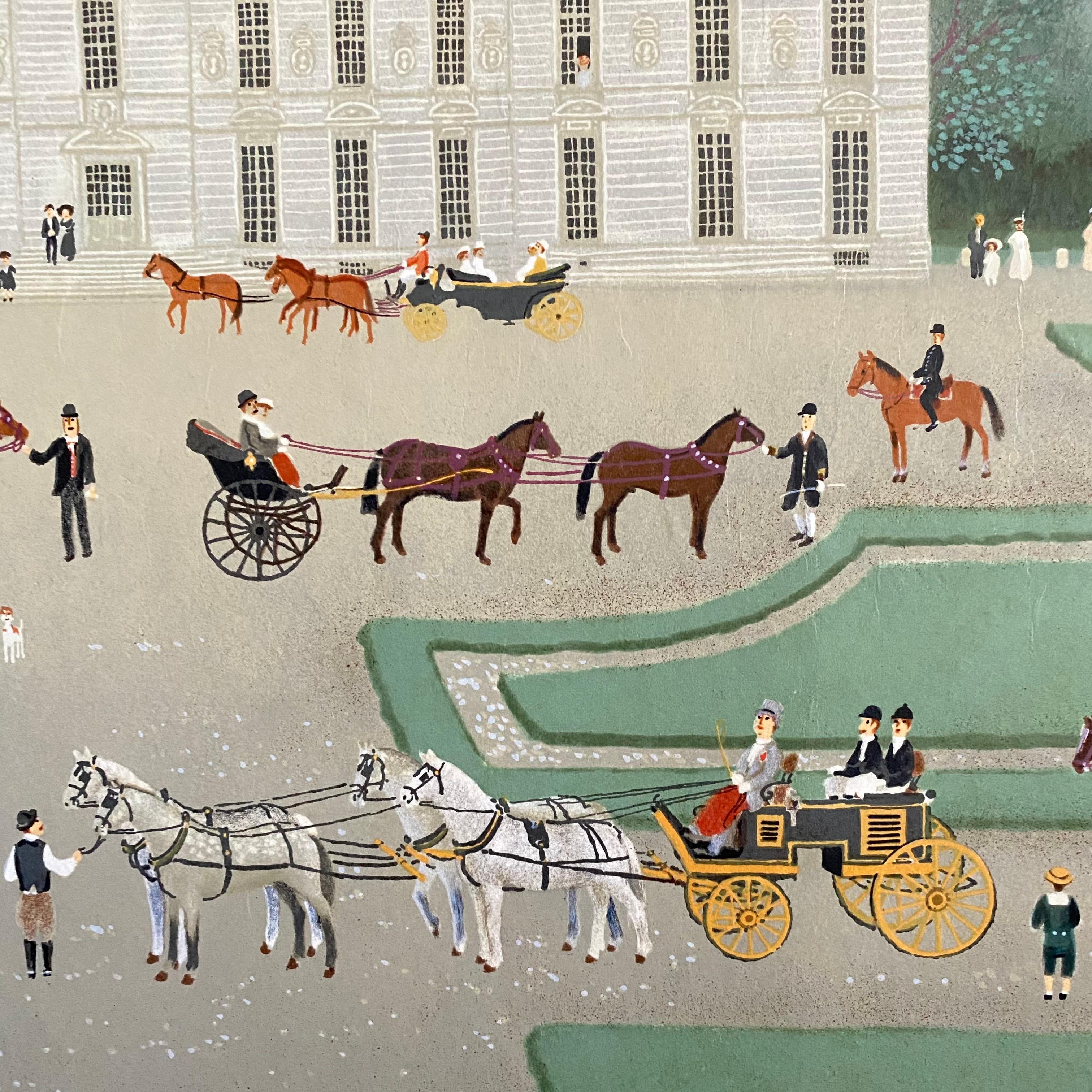 Litografía Arte Popular Naif firmada a mano sobre papel Japón París Escena campestre francesa en venta 1