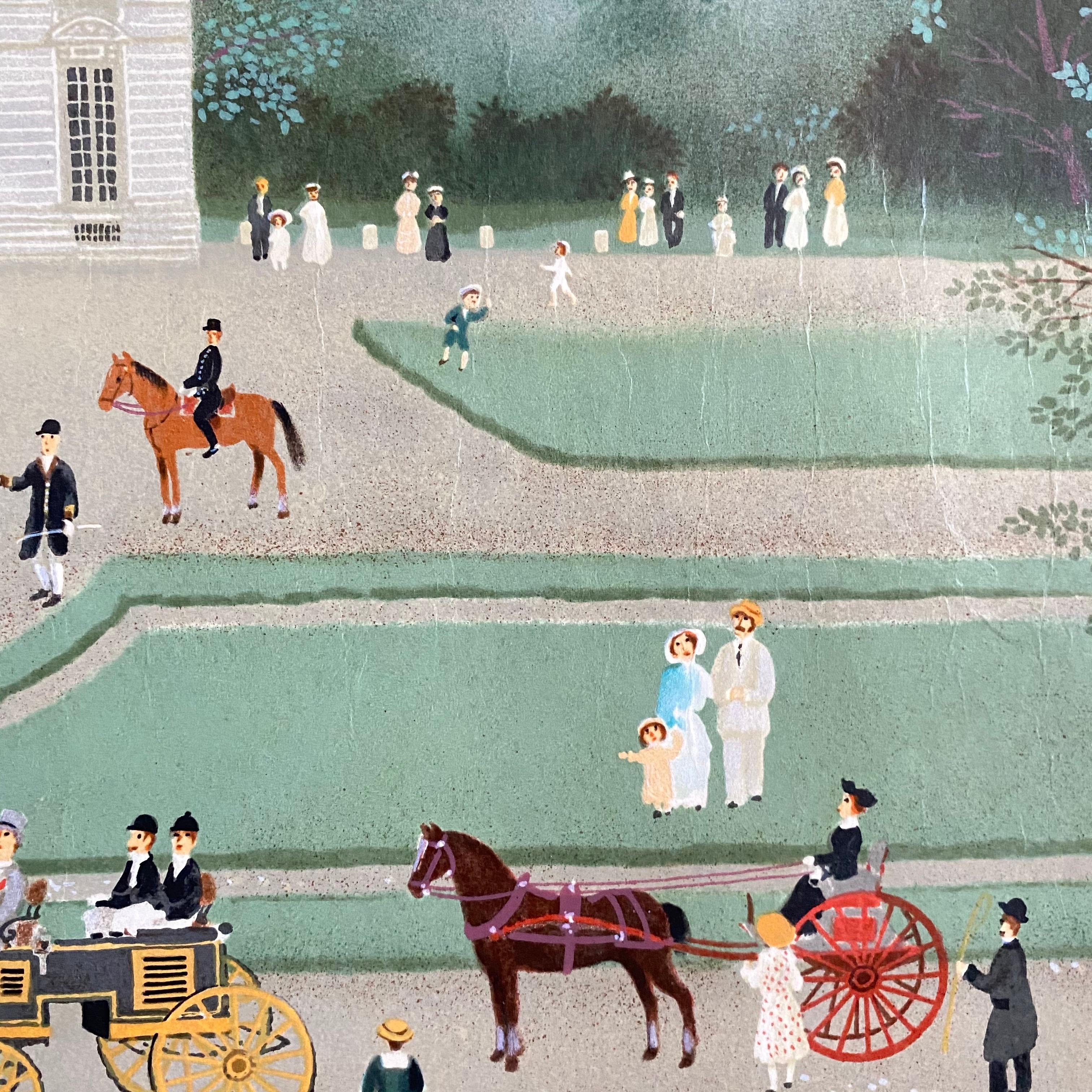 Litografía Arte Popular Naif firmada a mano sobre papel Japón París Escena campestre francesa en venta 2