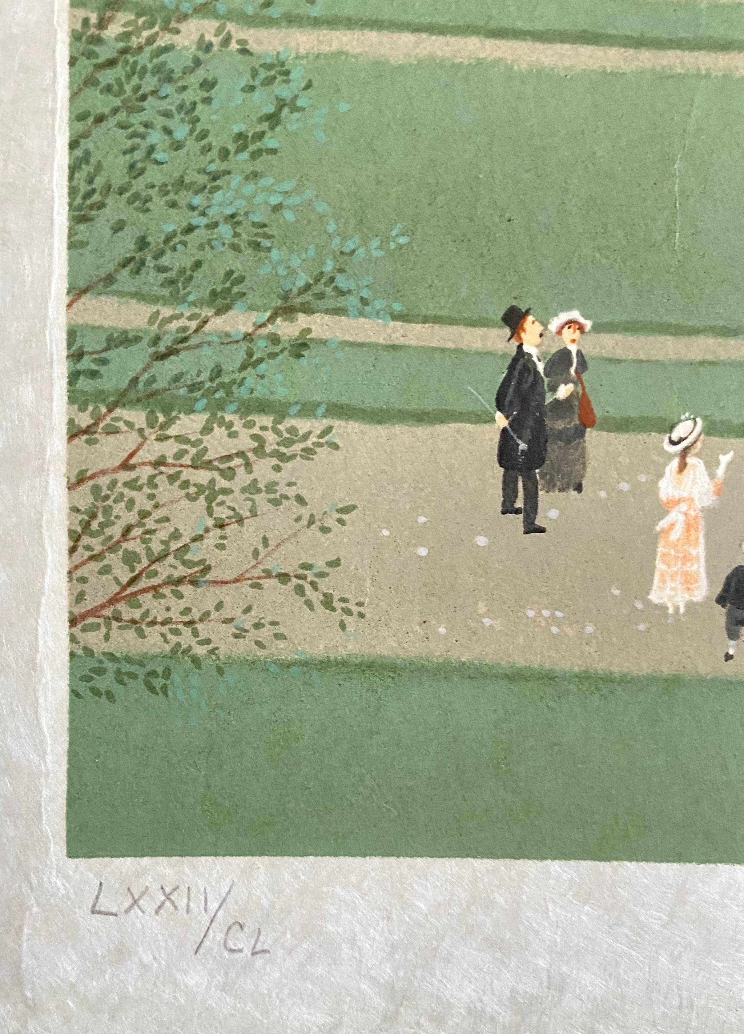 Litografía Arte Popular Naif firmada a mano sobre papel Japón París Escena campestre francesa en venta 4