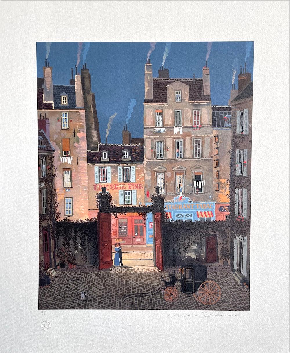 LE BONHEUR Romantic Summer Street Scene Paris, Kissing Couple, Small Dog - Print by Michel Delacroix