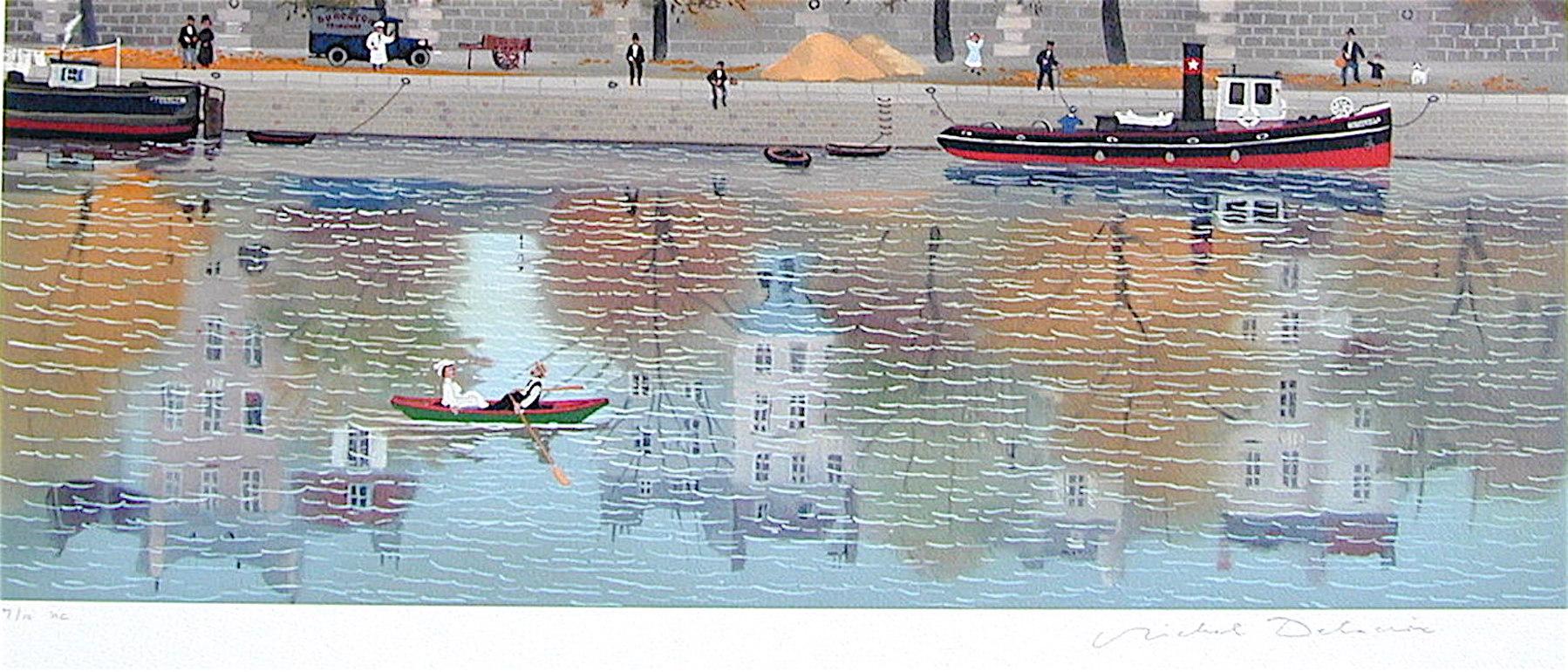 LE CANOTIER(Dernier beaux jours d'ete) THE BOATER(die letzten schönen Tage des Sommers) ist eine handgezeichnete Original-Lithografie in limitierter Auflage (keine Fotoreproduktion oder ein Digitaldruck) des bekannten französischen Künstlers Michel