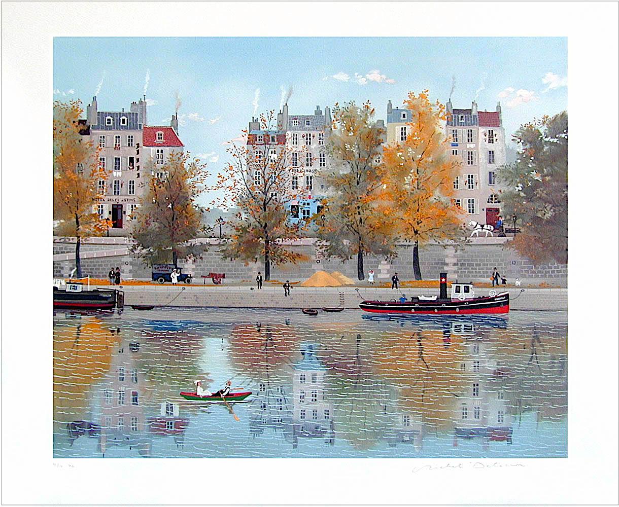 LE CANOTIER(Dernier beaux jours d'ete) THE BOATER(last beautiful days of summer) is an original hand drawn limited edition lithograph(not a photo reproduction or digital print) by the popular French artist Michel Delacroix, well known for his naif