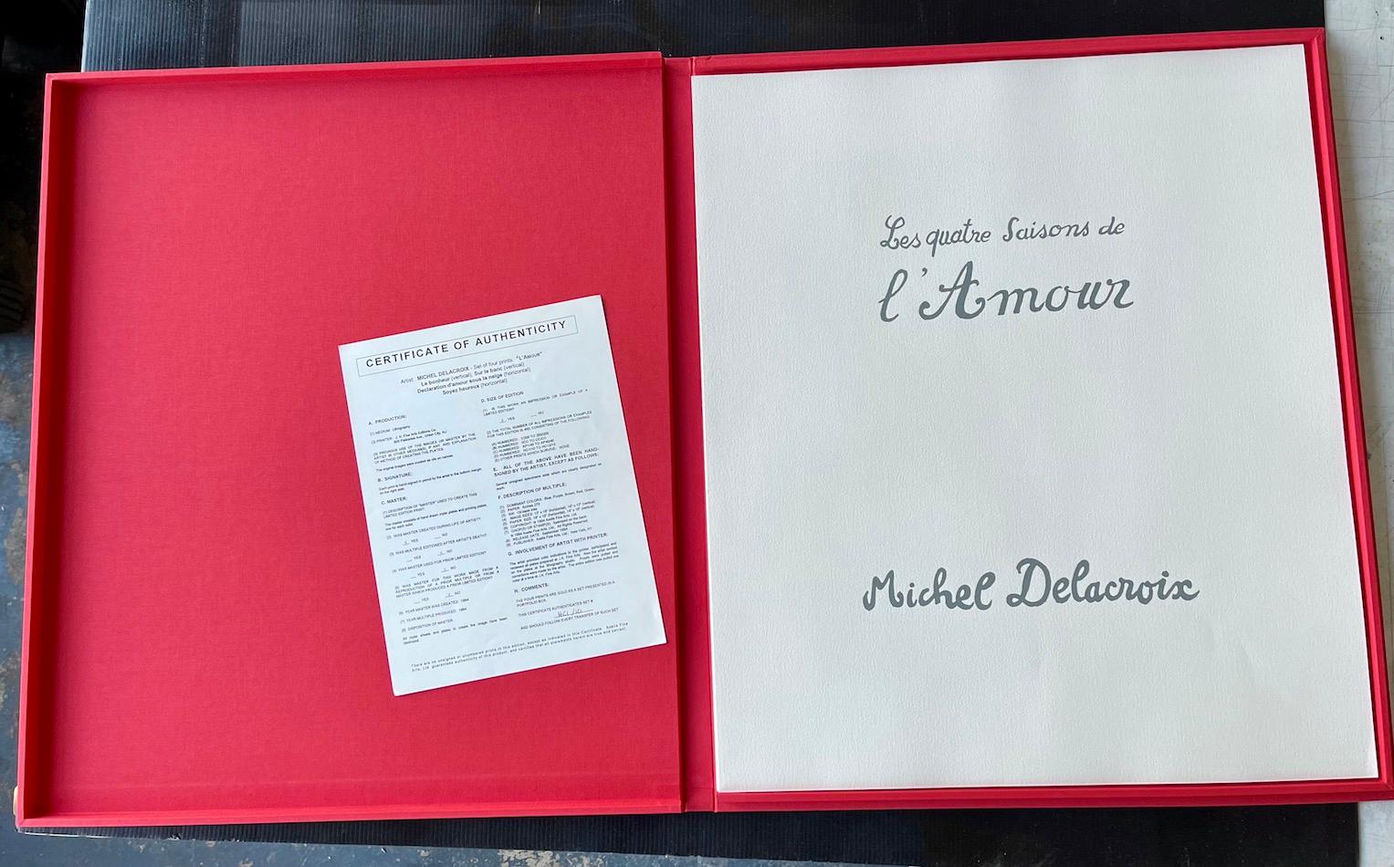 Ensemble de 4 lithographies signées LES QUATRE SAISONS DE L'AMOUR, Paris Lovers - Gris Portrait Print par Michel Delacroix