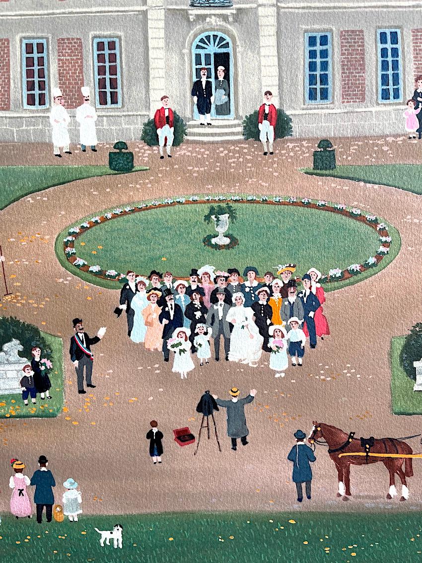 MARIAGE À LA CAMPAGNE Signed Lithograph, French Maison, Romantic Country Wedding - Folk Art Print by Michel Delacroix