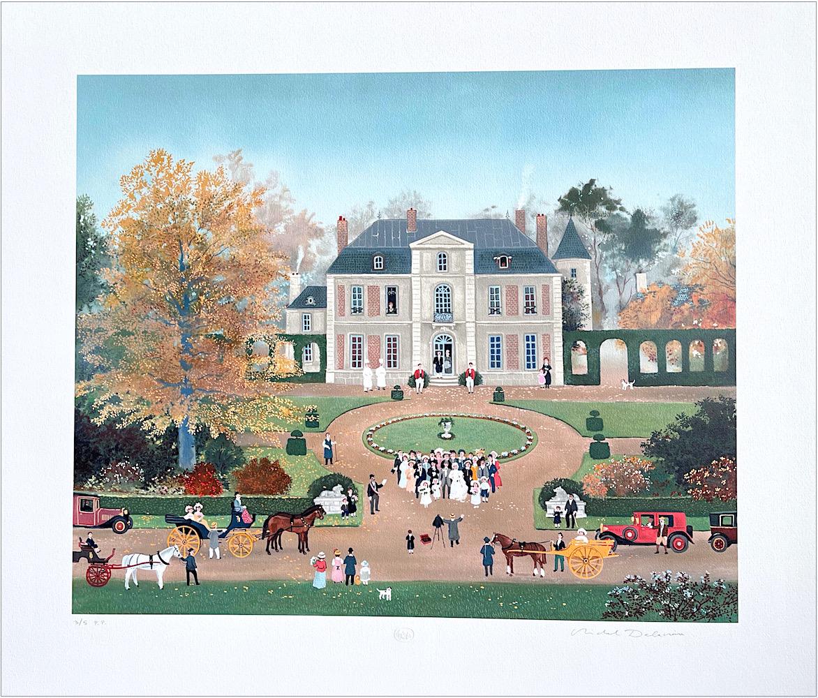Landscape Print Michel Delacroix - MARIAGE À LA CAMPAGNE Lithographie signée, Maison française, mariage romantique à la campagne