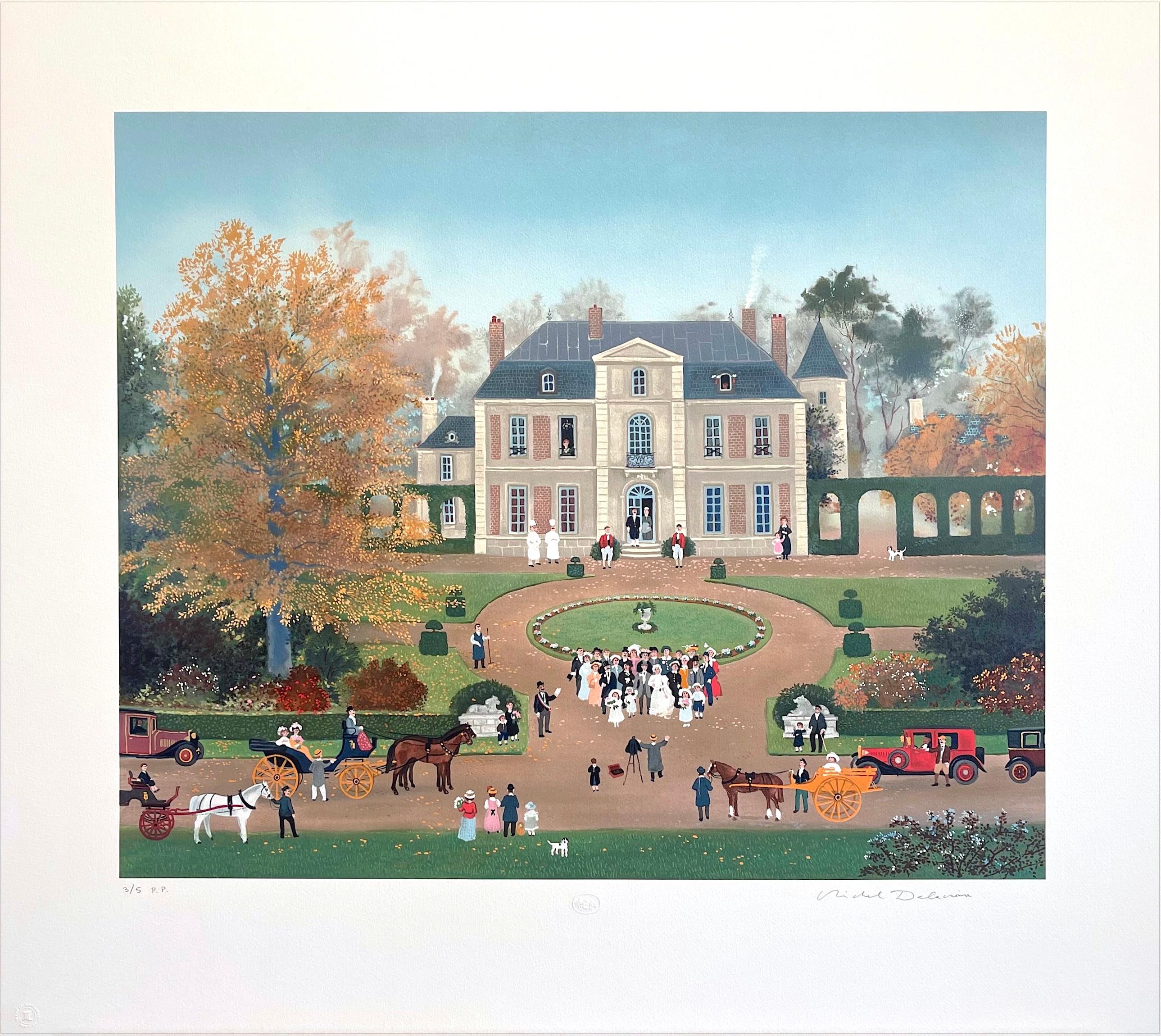 MARIAGE À LA CAMPAGNE Signierte Lithographie, Französische Maison, Romantische Landhochzeit