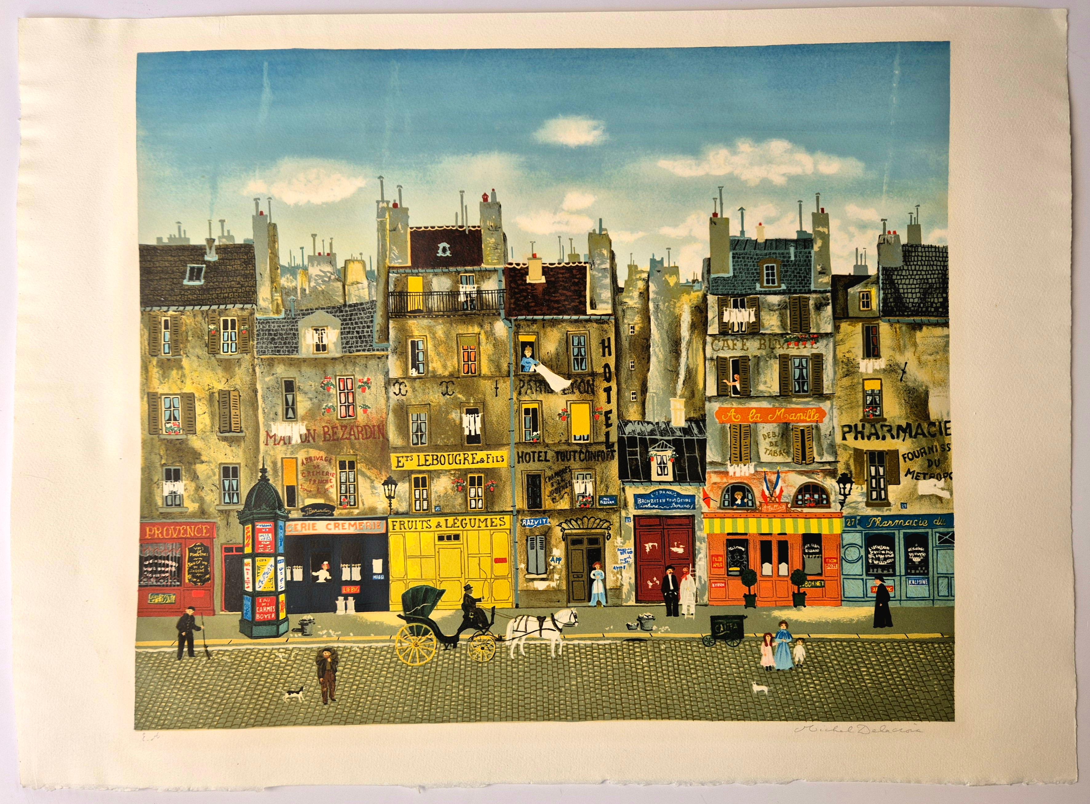Michel Delacroix 
A La Manille
Original lithograph 
Hand signed in pencil lower right
Edition EA lower left
Image size: 48 x 57 cm
Sheet size: 56 x 76 cm

A La Manille is a very early lithograph from 1979. It depicts the everyday life of one of